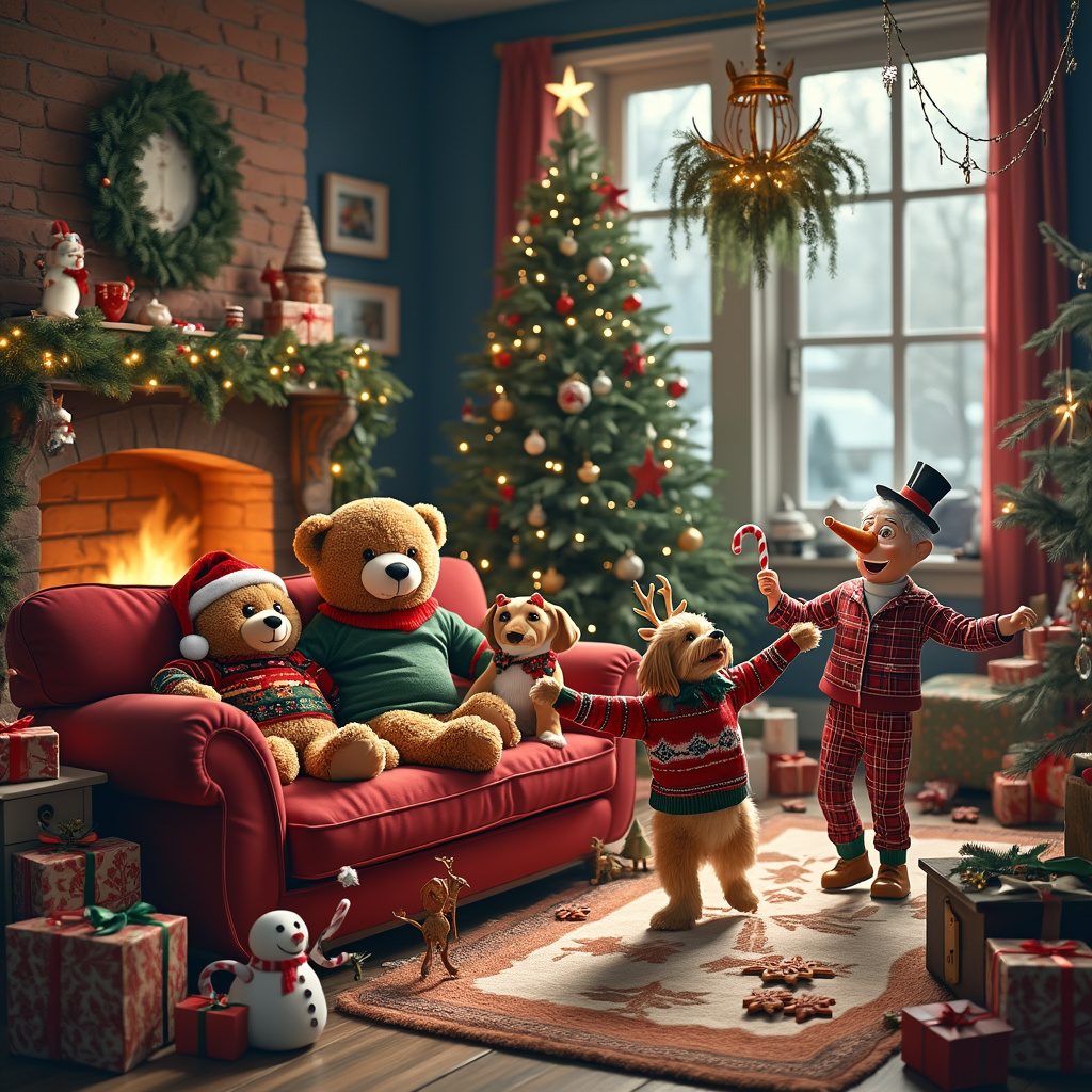Imagine a bustling, cozy living room, festooned with festive holiday decorations. The centerpiece of this joyful chaos is a large, plush sofa, upholstered in deep red velvet, nestled near a roaring fireplace adorned with garlands of holly and twinkling fairy lights. On the sofa, a comically large teddy bear in a Santa hat is wrapped in the loving embrace of a pair of mischievous children wearing oversized Christmas sweaters adorned with reindeer and snowflakes. 

In front of the sofa, a fluffy, ginger cat wearing a tiny elf costume, complete with a pointy hat, curls up next to a playful dog, who is attempting to dance on its hind legs. The dog, a golden retriever, is wearing reindeer antlers and a Christmas bow tie, making the scene even more adorable and chaotic. 

On the opposite side of the room, a decorated Christmas tree with an eclectic mix of ornaments stands tall, its base surrounded by beautifully wrapped presents in various sizes. Near the tree, a whimsical gramophone plays classic Christmas tunes, which has prompted a pair of elderly grandparents to waltz gleefully in their matching plaid pajamas, each holding a candy cane as they twirl.

Above them, a sprig of mistletoe hangs from a chandelier made of antlers, and nearby, a curious snowman figurine with a carrot nose and a top hat seems to be watching the festivities with a knowing smile. Scattered around the room are plates of cookies and mugs of hot cocoa, creating a sense of abundance and delight. 

Every inch of this scene is packed with the warmth and joy of the season, capturing the essence of cuddles and dancing in a single, heartwarming tableau.
Generated with these themes: Cuddles, and Dancing.
Made with ❤️ by AI.