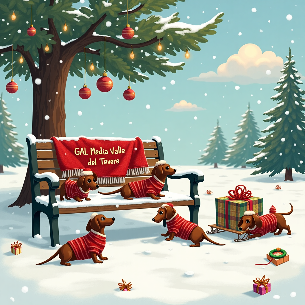 In this whimsical winter wonderland, a group of adorable dachshunds are embarking on a hilarious holiday adventure beneath a gentle snowfall. Imagine a picturesque village square covered in a blanket of pristine white snow, twinkling under a clear blue sky. The dachshunds, each donned in tiny festive sweaters and Santa hats, are busily digging and tunneling through the snow, creating a network of zigzagging pathways. Some of the playful pups have found themselves comically buried, with only their wagging tails poking out above the snow, while others are popping their heads out of the tunnels like furry little meerkats, their expressions a mix of surprise and joy.

The focal point of this scene is a charming, snow-covered park bench that sits under a large, majestic pine tree. Draped over the bench is a bright red knitted scarf with the words "GAL Media Valle del Tevere" carefully embroidered in golden thread. The scarf looks almost like a cheerful banner, fluttering in the gentle breeze, announcing a warm holiday greeting. Above the tree, in the background, a sky of the softest pastel hues begins to set the scene for a magical winter evening, with clouds whimsically shaped like Christmas ornaments hanging in the air.

Beside the bench, a little dachshund is attempting to climb up to investigate a large, colorfully wrapped gift box with a tag that reads, "To: GAL Media Valle del Tevere." The box is adorned with glittery bows and shiny tinsel that catches the light, adding an extra sparkle to the already vibrant scene. Around the bench and gift box, the snow is dotted with paw prints and tiny sleds with mini-wreaths tied to the fronts, hinting at the day's earlier festive activities. A few twinkling fairy lights strung between the lower branches of the tree complete this heartwarming holiday tableau, making it the perfect snapshot of Christmas cheer.
Generated with these themes: dachshund dogs under the snow.
Made with ❤️ by AI.