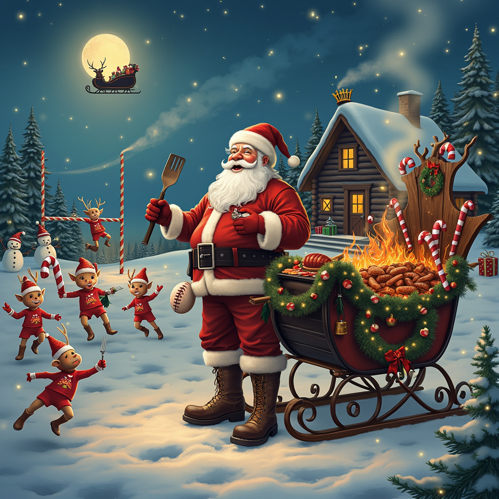 In the foreground of the scene, imagine a jovial Santa Claus donning a pair of oversized, flashy cowboy boots decorated with little jingle bells. Santa, holding a spatula in one hand, is standing next to a top-of-the-line Traeger grill that's shaped like a sleigh, complete with wooden reindeer antlers on top. The grill is sizzling with Christmas delicacies like turkey legs, sausages, and grilled veggies. 

To the left of Santa, there’s a rugged, Christmas-decorated pickup truck parked. The truck is adorned with twinkling fairy lights, a wreath hanging on the front grille, and a giant candy cane strapped to the roof. A few wrapped presents and rugby balls are scattered in the truck's open bed.

In the middle ground, a lively rugby match is taking place. The players are a mix of reindeer and elves, all dressed in festive rugby jerseys with candy cane stripes. One reindeer is mid-air, leaping for a pass, with a red and white rugby ball arcing through the snowy air. The goal posts are whimsically replaced with towering candy canes.

The backdrop showcases a cozy log cabin with smoke curling from the chimney, nestled amongst snow-covered pine trees. Fairy lights hang from the trees, casting a soft glow over the snow. A few snowmen in cowboy hats are seen cheering the game on, some holding banners with "Merry Christmas" written in bright, bold letters.

Above it all, a full moon illuminates the scene, and in the sky, you can spot Santa’s traditional sleigh parked on a cloud, with a few elves waving down to the festivities below.

The entire scene is vibrant with Christmas colors—reds, greens, golds, and whites—each element brimming with festive cheer and a quirky twist, merging the unique themes seamlessly into one merry tableau.
Generated with these themes: Traeger grills, cowboy boots, pickup trucks, rugby .
Made with ❤️ by AI.