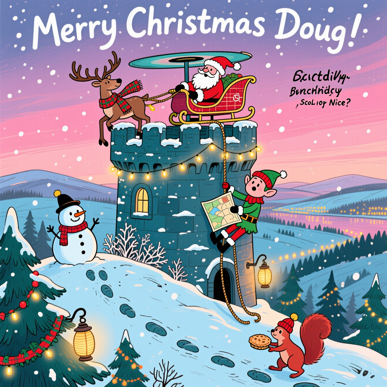 At the top of the Illustration Style image, "Merry Christmas Doug!"

Hand-drawn, funny Christmas illustration with fine linework and textured brush strokes, balanced composition, and a warm, expressive color palette. Set on Scolty Hill above Banchory, Scotland: the iconic cylindrical Scolty Tower stands at the snowy summit as the central focal point, its crenellations sprinkled with snow and wrapped in glowing fairy lights. Santa has “parked” his sleigh precariously on the tower roof like a helipad; one reindeer in a tartan scarf leans over the parapet with lights hilariously tangled in its antlers, while another nibbles at frosty heather. An elf abseils down the tower using a rope of fairy lights, clutching an upside-down map with a baffled expression. Foreground: a winding trail of chunky footprints leads the eye uphill between Scots pines draped in garlands; a snowman shaped like a mini Scolty Tower grins, and a red squirrel in a bobble hat scampers off with a stolen mince pie. Background: the Deeside valley and the twinkling lights of Banchory glow warmly beneath a magenta-to-indigo twilight sky with gentle, drifting snowflakes. Use cozy lantern-golds and tartan reds against cool blue–teal snow shadows; fine ink outlines, soft watercolor textures, and subtle paper grain for a whimsical, expressive feel. Keep the mood playful, warm, and cheeky.

Add a tiny hand-lettered caption at the bottom: "Scolty or Nice?"
Generated with these themes: Scolty hill banchory, and .
Made with ❤️ by AI.