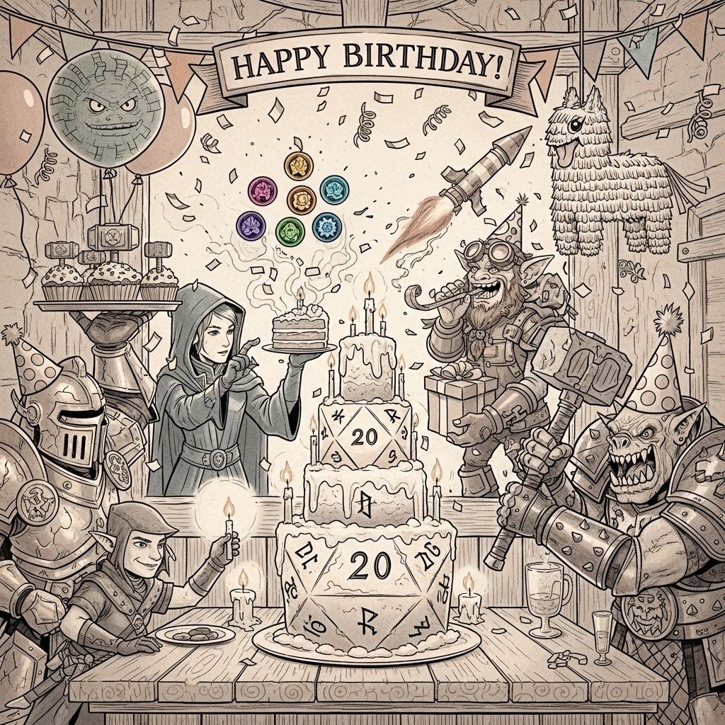 At the top of the Illustration Style image, Happy Birthday!

Large, hand-drawn illustration with fine linework, textured brush strokes, balanced composition, and a warm, expressive color palette. A cozy fantasy tavern turned festive party. Centerpiece: a towering d20-shaped birthday cake on a rustic table, frosted with arcane runes; candles glow like tiny lightning bolts and mana sparks. Around it, a joyful crossover scene:
- Left: a gleaming, Stormcast-like champion in gold armor, wearing a crooked party hat and carefully balancing a tray of hammer-shaped cupcakes.
- Right: a grinning Orruk (Age of Sigmar) in spiky armor and polka-dot party hat, winding up with a soft foam warhammer to smack a dangling piñata that looks suspiciously like a mimic gift box with a sneaky tongue peeking out.
- Mid-left: a planeswalker-style mage from Magic: The Gathering, tapping a slice of cake like an artifact as five mana-colored sparkles swirl into a glowing “cake token” above their hand.
- Mid-right: a World of Warcraft gnome engineer in oversized goggles presents a rocket-powered present, while a delighted murloc bursts from a punch bowl with a party blower.
- Foreground: a D&D halfling rogue stealthily lifts a candle from the cake; above, a beholder-shaped balloon bobbles by on a ribbon.
Confetti rains down in shapes of tiny hammers, d20 numerals, and swords. Warm candlelight and magical glows create cozy highlights across wood grain, armor reflections, frosting swirls, and cloth textures. Composition remains clear and playful, with the cake as the focal triangle and characters arranged in lively balance.

At the bottom, add a small, playful hand-lettered caption: “Tap, WAAAGH!, and roll a natural 20—may your loot be epic!”

No other text or logos.
Generated with these themes: Warhammer Age of Sigmar, Magic the Gathering, World of Warcraft, Dungeons & Dragons, and .
Made with ❤️ by AI.