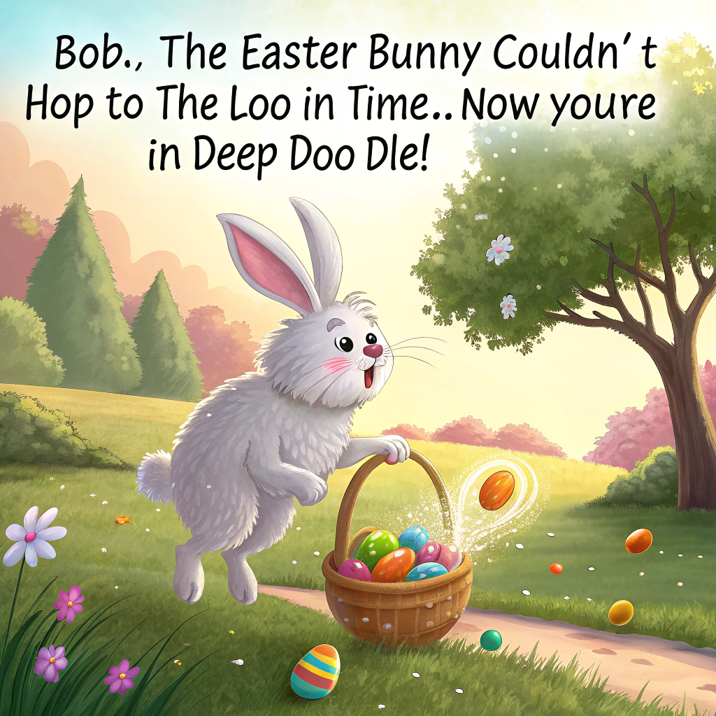 At the top of the image, "Bob, the Easter Bunny couldn’t hop to the loo in time... now you're in deep doo-dle!"

- Create a realistic photograph-style scene in a sunlit park on Easter morning.
- In the center, show a large fluffy Easter Bunny mid-leap, an alarmed look on its face, with colorful decorated eggs flying out of its basket in panic.
- Below and behind the bunny, capture a slow-motion splatter of cartoonishly realistic chocolate-colored “accident” raining down on horrified picnickers: children, parents, even a golden retriever—everyone caught mid-reaction (mouths open, shielding with baskets and picnic blankets).
- Eggs are splattered with goo, chocolate smears on picnic sandwiches, and someone’s white spring outfit is definitely not white anymore.
- Add a few playful squirrels in the background excitedly tasting the mess, while a sheep watches, judgmental.
- Bright, pastel-colored lighting, perfect grass, and a whimsical contrast between chaos and holiday cheer complete the mood.
Generated with these themes: The Easter bunny not getting to the toilet and pooing on everyone .
Made with ❤️ by AI.