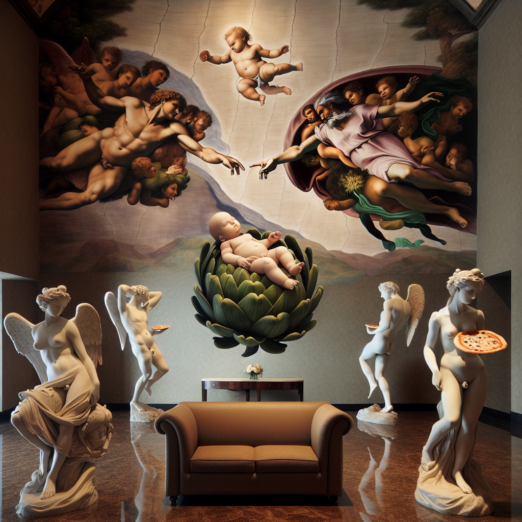 Upon entering the enigmatic yet appealing space, one's attention is immediately captivated by a central mural, echoing the renaissance style with noticeable hints of Michelangelo's work prior to 1912. It blends the surreal with the tranquil, showcasing a newborn of ambiguous descent surrounded by an otherworldly garden of artichokes that seems to burst from the artwork. Imaginative putti are jovially throwing slices of divine pizza in the air, exuding an aura of delight and festivity. In a corner, sits a realistic sculpture of a grandmotherly figure, crafted from soft hue marbles portraying emotions of affection and proud, her descent and gender mimicking Helen Mirren but vastly different in specifics.
Generated with these themes: Michelangelo, artichoke, pizza, Helen mirren .
Made with ❤️ by AI.