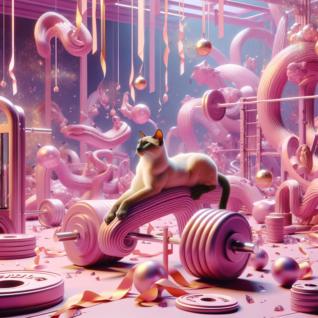 Imagine an abstract, festive gym setting representing a birthday tableau. Everything within the gym, from the robust equipment to its sprawling sinewy frame, has been transformed into an organic playground, painted in various shades of pink. Relaxing on top of an ethereal barbell is a serene Burmese cat, its eyes gleaming with the luster of opals. The atmosphere is amplified by floating ribbons and confetti, moving as if choreographed in a balletic dance, adding to the ethereal experience. This scenic arrangement blurs the boundaries between a physical gym and a fantastical dreamscape.
Generated with these themes: Burmese cat, Pink, and Gym.
Made with ❤️ by AI.