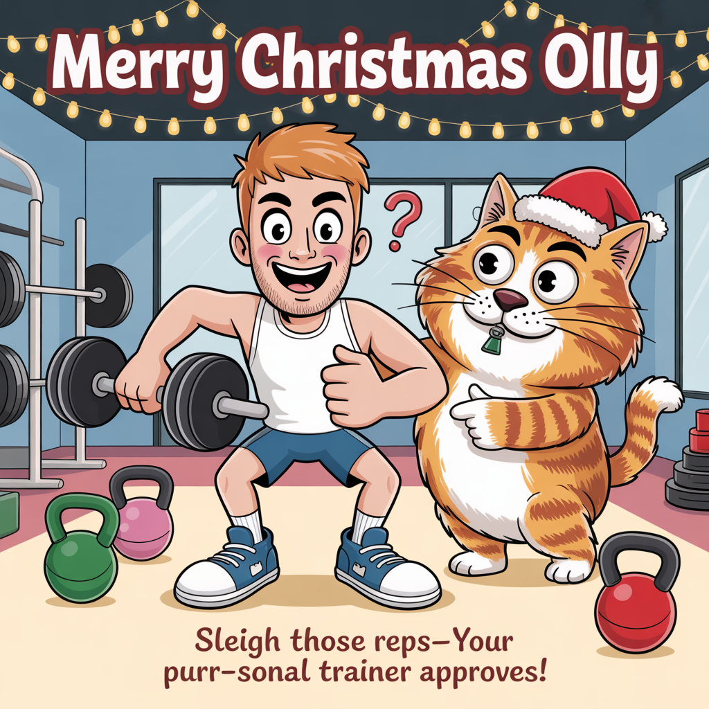 Youn man in his 20's  with short ginger hair and stubble exercising at the gym at Christmas with a large ginger tom cat, and Christmas Card