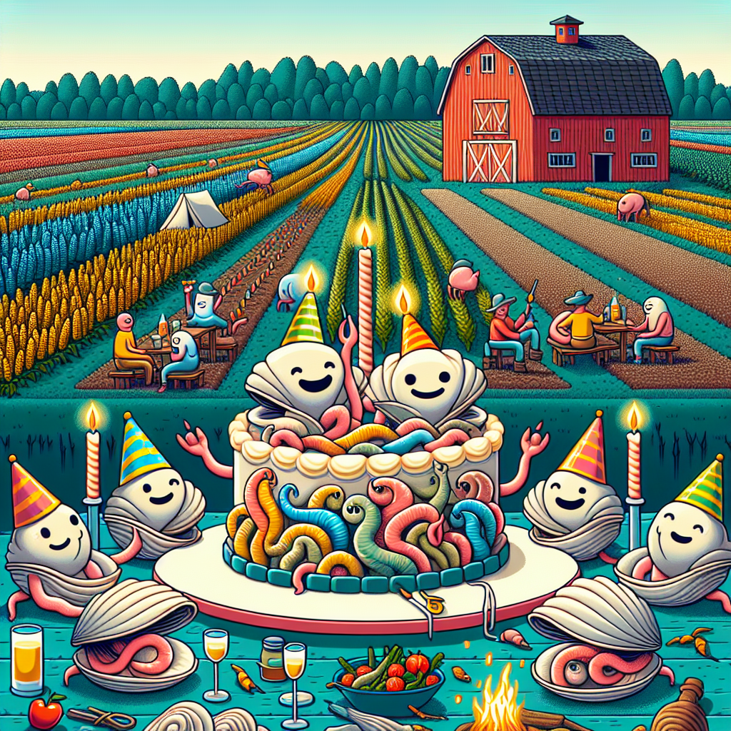 A whimsical birthday scene presented in vector art style features a group of cartoonish clams, devoid of any attire but sporting colorful party hats. They're gathered around a uniquely designed cake in the shape of a traditional barn. This charming event is set amidst a background that uniquely combines aquaculture themes and rustic countryside elements. Fields of crops speckle the landscape, interspersed with warmly lit campfires and festively-pitched tents, evoking the thrill of a fun camping adventure. The overall ambiance successfully marries farming aesthetics with the spirit of a marine celebration, resulting in an atmosphere that is rustic yet festively joyous.
Generated with these themes: Naked Clams, Farming, Barns, Camping, and Aquaculture.
Made with ❤️ by AI.