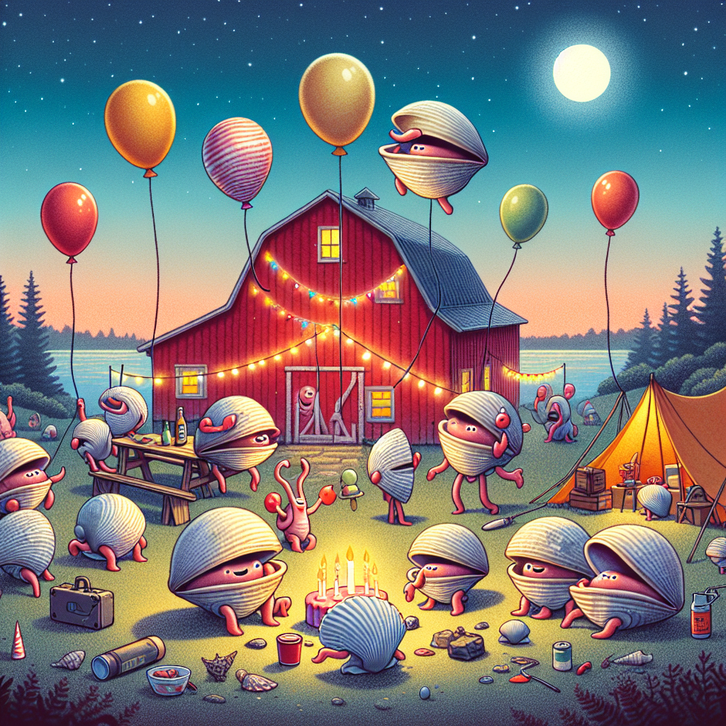 An animated illustration capturing a unique birthday party set in a farm environment. A group of jovial clams devoid of shells are engaging in a campsite celebration. A timeless red barn forms the backdrop of this lively setting, adorned with festive lights that glow in the descending twilight. Cheerful balloons in various colors float upwards toward the clear, fading sky. Scattered around are items of camping gear, subtly integrating elements of outdoor activities. The scene takes place on an aquaculture farm, where terrestrial and underwater life harmoniously intermingle, creating a delightful fusion of diverse ecosystems and fun-filled festivities.
Generated with these themes: Naked Clams, Farming, Barns, Camping, and Aquaculture.
Made with ❤️ by AI.