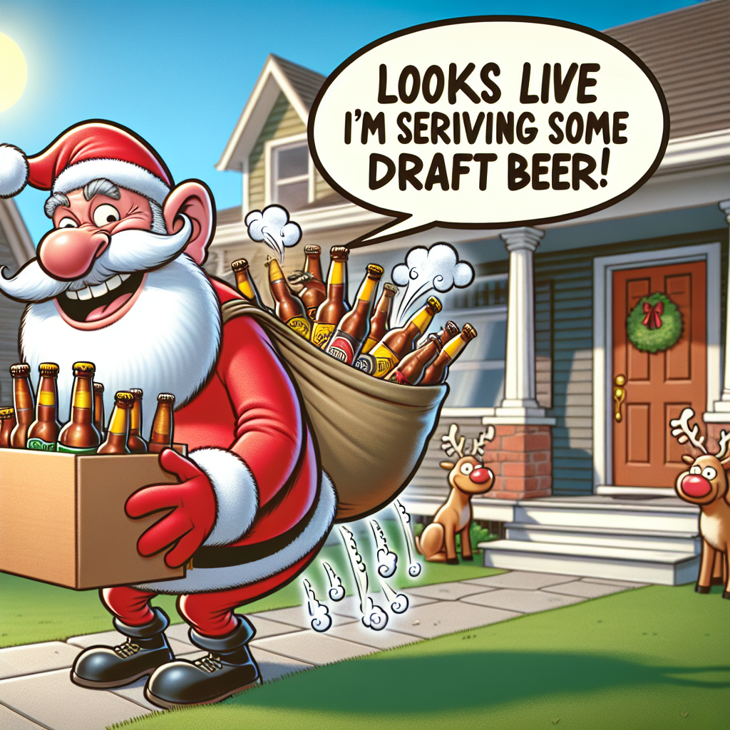 Visualize a funny, festive scene on a sunny holiday themed around Father's Day. The central character is a cheerful, Santa-like figure known as Daddy Claus. He's presented in a lighthearted, humorous manner. He is standing at the doorstep of a typical suburban house, his arms full of assorted craft beers. The image is filled with humor with comically visible puffs emanating from Daddy Claus, indicating he just broke wind. He grins mischievously and delivers a funny line: 'Looks like I'm serving up some draft beer!' His reindeer, who are wearing party hats and waiting on the house lawn, appear to roll their eyes, reacting to the typical dad joke.
Generated with these themes: Daddy Claus, who is Father's Day's version of Father Christmas is delivering beer to a house , and Daddy Claus has farted visibly and says something funny about it.
Made with ❤️ by AI.