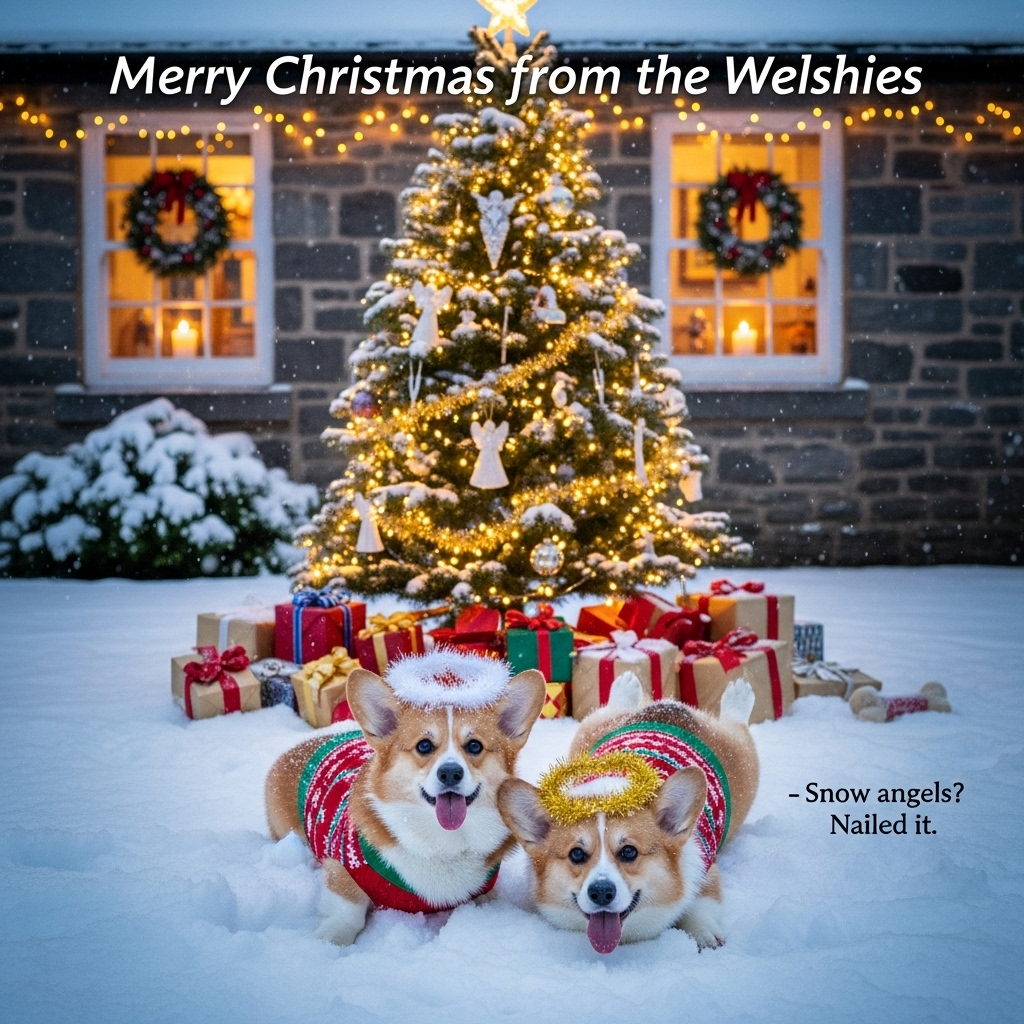 At the top of the Photorealistic picture taken from a camera image, "Merry Christmas from the welshies"

Ultra-high-definition 4K UHD photograph with accurate lighting, lifelike textures, and rich depth of field, capturing a true-to-life scene: Blue-hour snowfall outside a cozy Welsh stone cottage, shot on a full-frame DSLR at 35mm, f/2.8, eye-level, with a creamy bokeh of warm fairy lights. Foreground: two Pembroke Welsh Corgis on their backs in pristine snow, mid-flail, creating perfect snow angels with their short legs; tongues out, noses shiny, fur dusted with sparkling snow crystals. One corgi wears a red-and-green Welsh-knit sweater with a subtle red dragon pattern and a tinsel “halo” slipped over one ear; the other has a gold ribbon halo and a goofy grin. Behind them stands a towering outdoor Christmas tree, branches snow-laden, wrapped in warm white lights, decorated with glass angel ornaments, and crowned by a softly glowing angel topper. Around the tree: brightly wrapped presents half-dusted with powdery snow, ribbons curling, one box tipped open with a squeaky bone peeking out. Gentle flurries streak the air; pawprints lead up to the scene; cottage windows glow amber with wreaths and candles. Small, witty in-scene text: a single short line printed on a gift tag near the bottom right, playful handwritten style, reading “Snow angels? Nailed it.” Natural color balance mixing cool twilight blues and warm festive golds; lifelike textures of stone, pine needles, glossy ornaments, matte gift wrap; candid, funny, heartwarming, true-to-life.
Generated with these themes: Christmas tree, snow, angels, Presents. , and .
Made with ❤️ by AI.