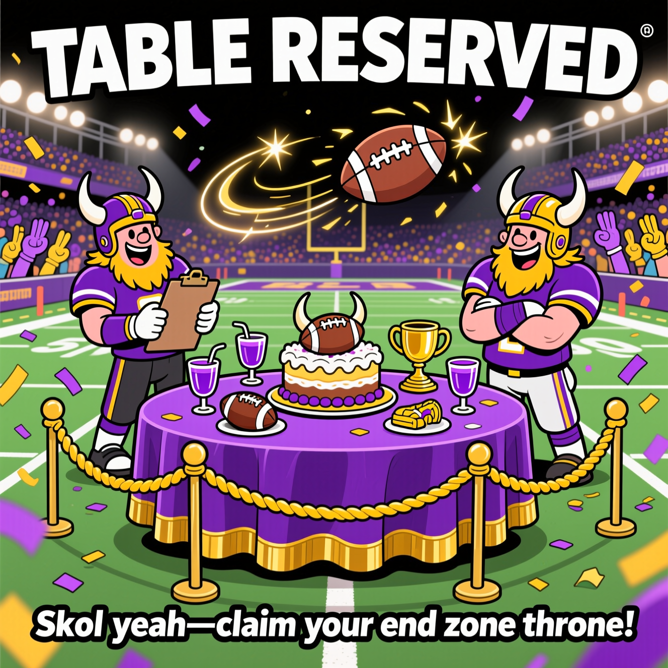 At the top of the Cartoon Style image, "TABLE RESERVED"

At the bottom of the image, "Skol yeah—claim your end zone throne!"

In the center, depict a vibrant NFL Vikings-inspired scene at midfield:
- A comically oversized round table draped in royal purple cloth with bold gold trim sits on the 50-yard line like a VIP lounge, spotlighted by stadium lights.
- The table is decked with football-shaped cake, purple sports drinks in horned goblets, and a tiny golden goalpost trophy; no logos.
- Two playful, exaggerated cartoon Viking characters in purple-and-gold gear (generic jerseys, no logos) act like bouncers: one with a clipboard, the other crossing massive arms, both wearing horned helmets and cheeky grins.
- A velvet rope made from strung-together yellow penalty flags loops around the table as the “reserved” barrier.
- A football arcs overhead with sparkly motion trails; purple and gold confetti explodes from the sidelines; the crowd is a fun blur of dots and waving foam fingers (no text).
Style and vibe:
- Playful cartoon, exaggerated proportions, thick black outlines, bright saturated purples, golds, and field greens; energetic poses and dynamic whoosh lines.
- Make the headline huge and bold in a chunky varsity/scoreboard style with a white stroke and slight drop shadow for readability; the punchline at the bottom in a snappy, bold sans-serif.
Generated with these themes: NFL VIKINGS FOOTBALL, and .
Made with ❤️ by AI.
