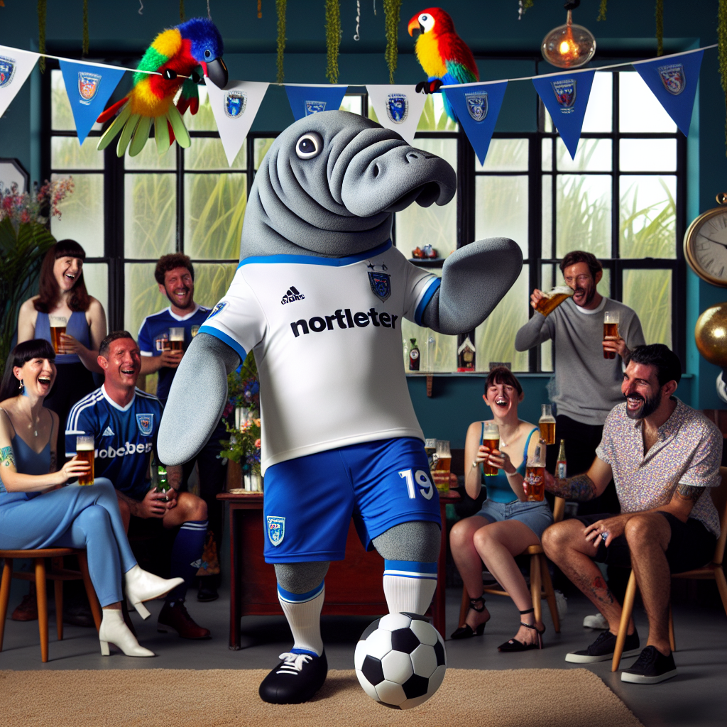 Visualize an engaging birthday party scene, focused around a life-sized manatee mascot, who is humorously participating in a soccer match. This aquatic character expertly juggles the ball with its flippers while clothed in a popular football club's jersey of blue and white. Amused friends, demonstrating diversity with individuals of various descents such as Caucasian, Hispanic, and Black, echo the same dress code and watch on intently, intermittently joining in the sport and conveying joyful birthday wishes. The room reverberates with laughter and applause, its decor themed to the football club's colors. A colorful toucan with a spectrum of vivacious feathers perches on an overhanging banner, curiously observing the uniquely designed cake, modelled to mirror a bottle of a widely loved Irish stout. The atmosphere mirrors the excitement of a crucial goal in extended play at a football match.
Generated with these themes: Soccer, Manatee,  Chelsea football club, Toucan, Guinness , and Birthday.
Made with ❤️ by AI.