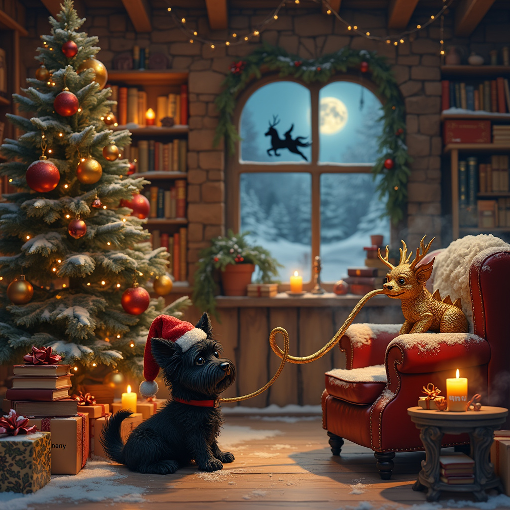 Picture a cozy, snow-dusted winter night inside a charming, rustic living room with wooden beams and a stone fireplace. In the center of the scene, a small black mini dog, sporting a Santa hat that's slightly askew, is gleefully tugging at the tail of a mini golden dragon. The dragon, looking amused, blows out tiny plumes of glittery smoke that twinkle like Christmas lights.

To the right, a decorated Christmas tree is adorned with ornaments themed from the "Harry Potter" universe, including miniature broomsticks, Hogwarts house crests, and a sorting hat perched atop the tree instead of a star. Underneath the tree, presents are wrapped in shiny, colorful paper with tags labeled "To: Harry" and "To: Rhysand," referencing the beloved characters from "Harry Potter" and "ACOTAR" (A Court of Thorns and Roses).

In the foreground, a plush armchair is piled high with books, their spines showing titles from both "Harry Potter" and "ACOTAR." A tiny table beside the chair holds a steaming Starbucks cup, with the iconic green siren logo clearly visible, and a burning pumpkin spice candle in an ornate holder.

The walls of the room are lined with bookshelves, crammed full of magical tomes and classic literature, with a whimsical mixture of magical and real-world titles. Candles of various shapes and sizes, some even floating mid-air like those in the Hogwarts Great Hall, cast a warm, flickering glow throughout the room.

In the background, through a frosted window, you can catch a glimpse of a snow-covered landscape with a shadowy silhouette that looks suspiciously like Santa Claus on his sleigh, pulled by reindeer, flying across the moonlit sky.

This delightful and bustling scene, full of charming details and whimsical elements, captures the essence of a magical Christmas, blending beloved themes and characters into one festive tableau.
Generated with these themes: Black mini dog, Mini Golden Dragon, Books, Starbucks, Harry Potter , Candles, Pumpkin spice candle , and ACOTAR.
Made with ❤️ by AI.