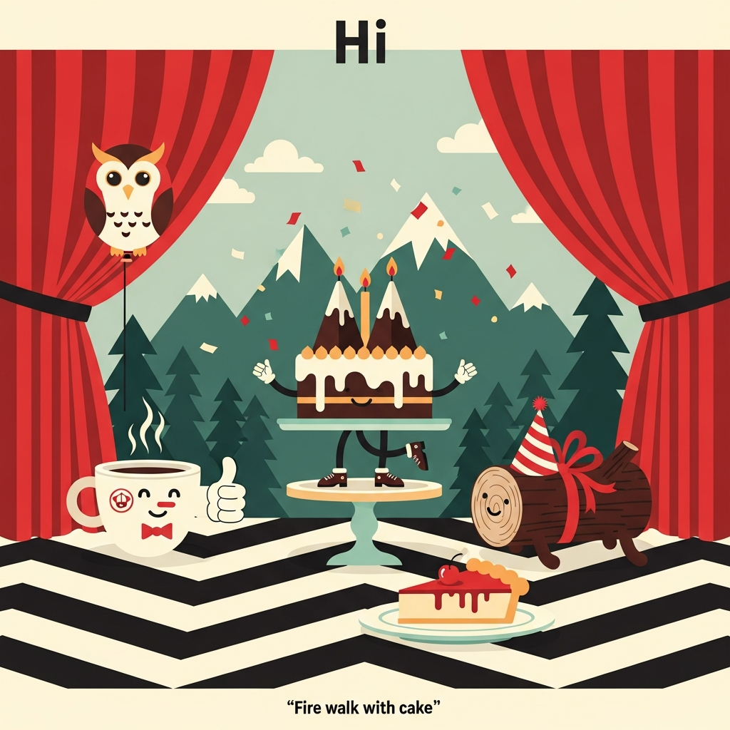 At the top of the Vector Style image, "Hi"

Clean flat-vector, crisp lines, solid color blocks, minimal gradients. A Twin Peaks–inspired surreal birthday scene: the iconic red curtains form the backdrop, parted slightly to reveal stylized evergreen mountains, while a bold black-and-white chevron floor fills the foreground. Center stage on a mid-century pedestal stands a whimsical birthday cake with two tall frosting peaks (Twin Peaks), each peak topped with a candle; the cake has tiny legs and shiny shoes doing a quirky dance step. To one side, a steaming coffee cup with a tiny badge sticker and bow tie gives a jaunty thumbs-up; on the other, a log wrapped in a gift ribbon wears a tiny party hat. A perfect slice of cherry pie sits on a clean plate, and an owl-shaped balloon floats near the curtain, its string a neat vector line. Confetti sprinkles the air. Use bold geometric shapes, 2–3 px consistent strokes, high contrast colors: deep cherry reds, cream, jet black, coffee browns, forest greens, and pastel accents. Keep everything flat and graphic—no textures, minimal shading, subtle drop-shadows only. Place the top text “Hi” in a bold cream sans-serif with a small shadow for legibility against the red curtains. At the bottom, add a tiny, cheeky caption in a clean sans-serif: “Fire walk with cake.”
Generated with these themes: Twin Peaks , and .
Made with ❤️ by AI.