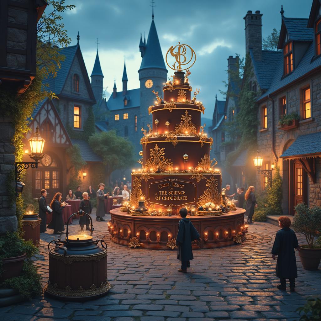 In a whimsical, cobblestone courtyard of Hogwarts School of Witchcraft and Wizardry, a birthday celebration is in full swing, capturing the essence of magic and joy. At the center of this enchanting scene stands a large, intricately decorated chocolate cake shaped like a giant book titled "The Science of Chocolate." Layers of rich, velvety chocolate fill the cake, which is adorned with golden snitch decorations crafted from edible gold leaf. To one side, a group of students in their house robes gathers around a coffee station resembling a mini Potions classroom, where steaming cauldrons brew various magical coffee blends, each releasing colorful, aromatic steam. Hermione Granger animatedly chats with Professor McGonagall about the latest advancements in magical coffee brewing techniques, adding a scholarly touch to the festivities. In another corner, Harry Potter happily receives a sleek, enchanted bike as a birthday gift from Hagrid. This bike, with its broomstick-like design, features glowing runes and floating wheels that allow it to soar through the air. As the iconic Hogwarts castle looms behind them, its towering spires silhouetted against a twilight sky where faint stars begin to twinkle, Ron Weasley is humorously captured mid-bite into a chocolate frog, looking both surprised and delighted as it attempts to hop away. The atmosphere is alive with magical elements, including floating candles, enchanted books flipping their pages, and students wielding wands to create playful bursts of light. This vibrant setting wonderfully blends Harry Potter magic, the delight of chocolate and coffee, the excitement of receiving a new bike, and the curiosity of science. 

Generated with these themes: Harry Potter, Chocolate, Coffee, Bike, and Science. 
Made with ❤️ by AI.