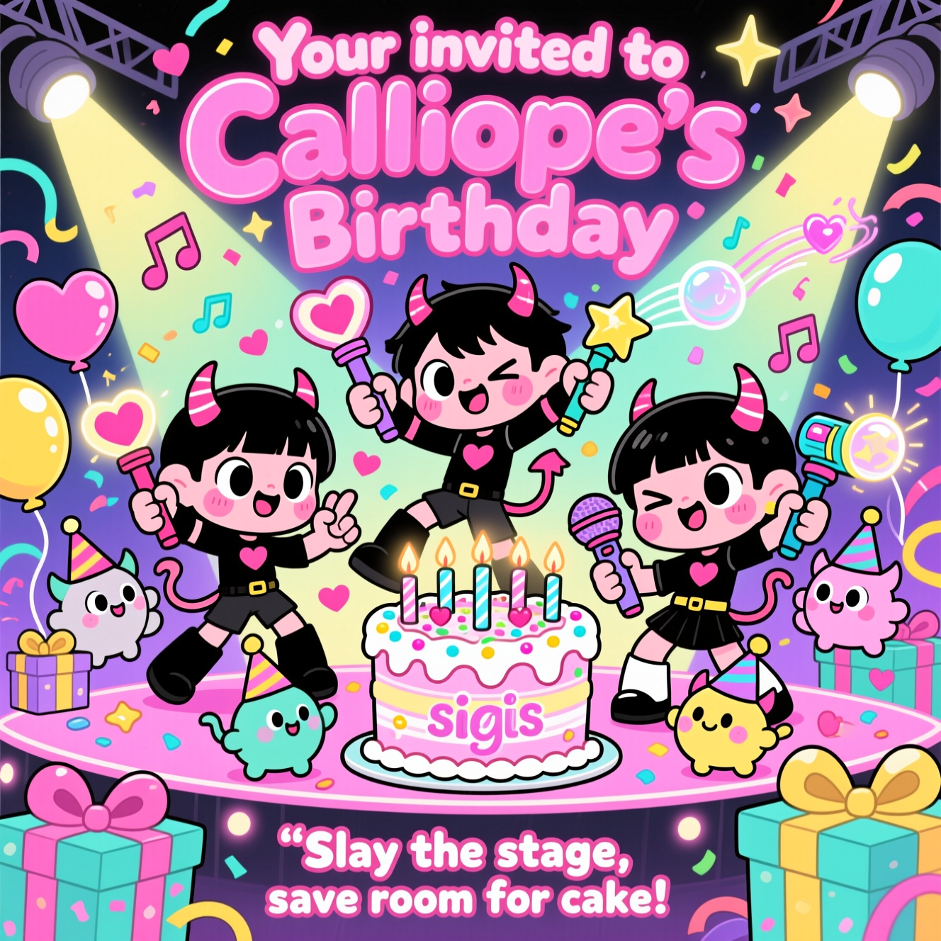 At the top of the Cartoon Style image, Your invited to Calliope’s Birthday

Cute, full-bleed cartoon scene: a chibi K-pop demon-hunter squad mid-dance on a neon party stage, striking whimsical, energetic poses with finger-hearts and winks. Big sparkling eyes, rosy cheeks, and exaggerated proportions with thick black outlines. They wield adorable “magic” idol gear—heart-shaped lightstick staffs, microphone wands, and star bubble-blasters—that leave trails of glowing hearts, music notes, and confetti. Surround them with cheerful pastel mini-demons (tiny horns, big eyes) wearing party hats and happily bopping along, safely encircled by cute heart-shaped charms. Center stage: a towering, frosted birthday cake glowing with kawaii “sigils” made of sprinkles; candles sparkle like stage lights. Scatter gift boxes with giant bows, balloons in heart and star shapes, streamers, and shimmering glitter. Background: bright saturated cotton-candy palette (electric pink, mint, lemon yellow, aqua, lavender), dynamic spotlights and starbursts, swooshing motion lines for energy. Flat cel shading, chunky highlights, crisp cartoon linework.

Set the top text in big bubbly lettering with a hot-pink outline and soft shadow for pop and readability.

Add a small cheeky caption at the bottom in playful bubble letters with a bold outline: “Slay the stage, save room for cake!”
Generated with these themes: Kpop demon hunters, and .
Made with ❤️ by AI.