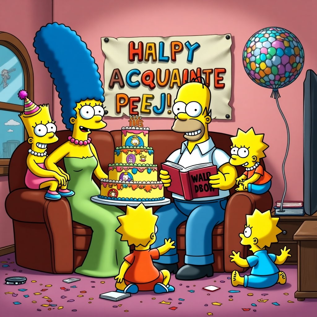 Marge, Homer, Bart, Lisa and Maggie Simpson on the sofa reading a book called HALF ACQUAINTED with birthday cake HAPPY BIRTHDAY PEEJ celebration Birthday Card