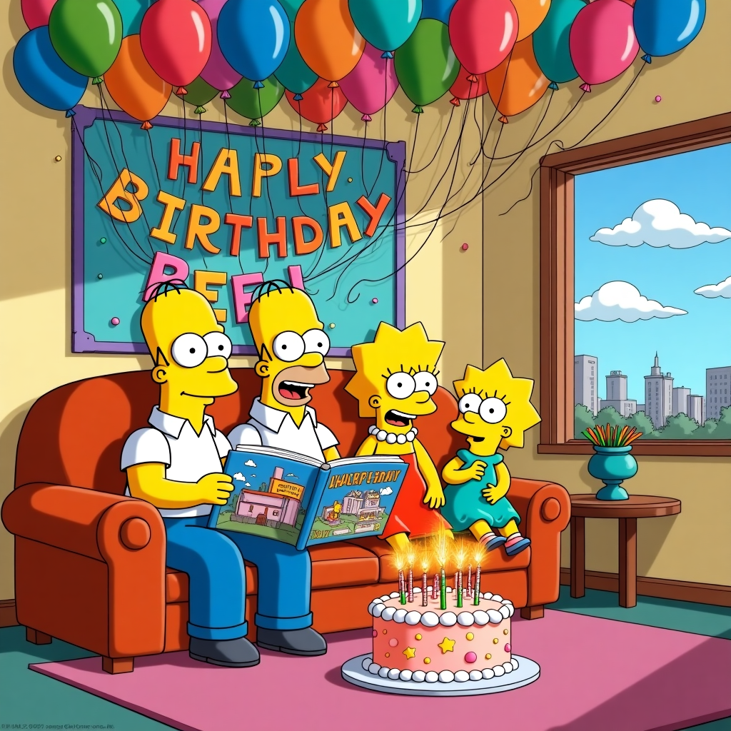 In the heart of Springfield, the iconic Simpsons living room is transformed into a delightful birthday spectacle on the card's front cover. The famous orange sofa, with its well-loved cushions slightly sagging, is the center stage. Homer, Marge, Bart, Lisa, and little Maggie are all comfortably seated, their eyes wide with a mix of surprise and curiosity. They’re reading a gigantic, whimsically illustrated book titled "HALF ACQUAINTED," which is perched precariously on their laps, each character's fingers caught in a different, lively illustration inside.

Above them, a rainbow of colorful balloons floats gently toward the ceiling, their strings tangled into letters that spell out "HAPPY BIRTHDAY PEEJ" in a delightful jumble, the playful chaos mimicking the signature antics of Bart himself. The room is further decorated with a vibrant birthday banner draped across the wall, where Peej's name is prominently featured in bold, bright letters.

To the side, a small table is set up with a hilariously oversized birthday cake shaped like the Springfield Nuclear Power Plant, complete with sparklers acting as candles that fizzle and pop in a small fireworks display. The cake's frosting is a wild, vibrant swirl of yellow and pink, reminiscent of Maggie's pacifier.

In a nod to the artist inspirations, the wall behind the sofa is adorned with a single framed picture, a cheeky tribute to Charles Schulz's Snoopy, depicted in Simpsonized form doing his famous dance next to the family's Christmas tree. The style of the room combines the clean lines of Hergé with the playful, exaggerated expressions of Bill Watterson, creating a scene that's both familiar and freshly original.

A little detail to notice is a window to the right, through which the Springfield skyline is visible. Fluffy clouds hang lazily, subtly shaped to spell out Peej's name, ensuring no element of the scene is left untouched by the celebratory spirit.
Generated with these themes: Marge, Homer, Bart, Lisa and Maggie Simpson on the sofa reading a book called HALF ACQUAINTED with birthday cake HAPPY BIRTHDAY PEEJ celebration.
Made with ❤️ by AI.
