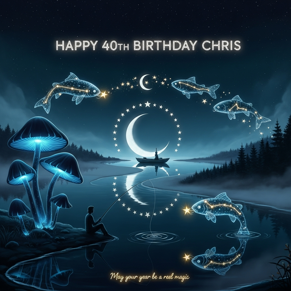 At the top of the Surreal Style image, set the text "Happy 40th Birthday Chris" in softly glowing moon-silver letters woven with tiny stars.

Dreamlike, Dali-inspired midnight scene: a mirror-still lake bends upward into the sky so water and cosmos become one. A crescent moon has melted into a slender boat; a serene figure sits at its edge, fishing with a line spun from starlight. Towering bioluminescent mushrooms rise from the water, their velvet caps gently sagging like soft planets; their gills release drifting spore-stars. Luminous koi and river trout made of constellations swim both above and below, leaping into the air to become clusters of stars; one gentle fish nibbles a star-tipped lure. Deep indigo and teal palette with moonlit silver and warm amber accents; soft mist, ethereal volumetric rays, long soft shadows, and delicate crescent-shaped ripples. A subtle arc of forty tiny stars halos the moon in a quiet nod to the milestone. Painterly, high-detail, otherworldly and tranquil, with generous negative space around the title.

At the bottom, add a small handwritten caption in warm-gold glow: "May your year be reel magic."
Generated with these themes: Fishing, mushrooms, fish, moon, stars, and .
Made with ❤️ by AI.