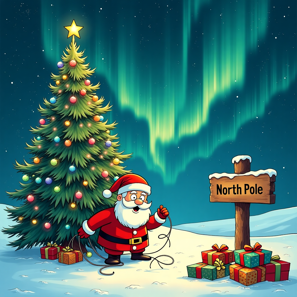 A Christmas tree, and In North pole with Santa Christmas Card