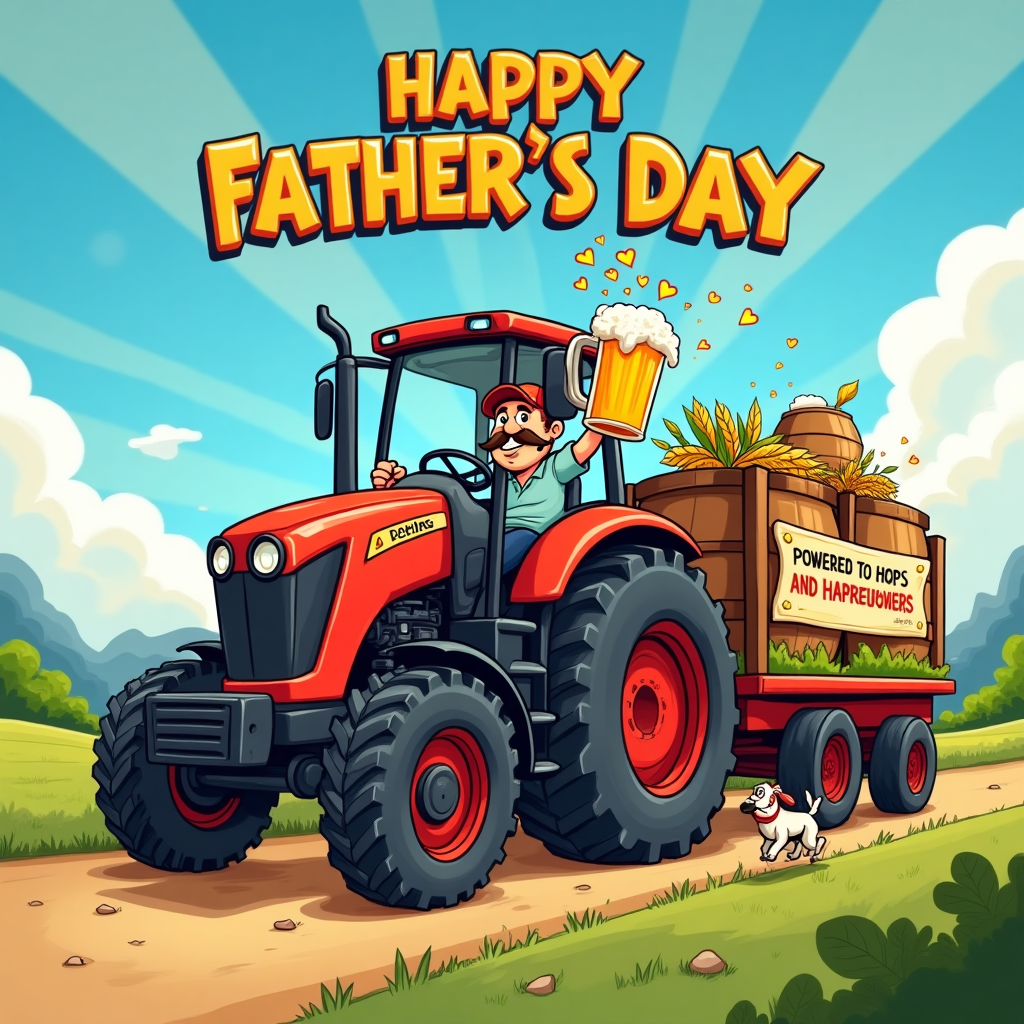 At the top of the Cartoon Style image, HAPPY FATHER’S DAY

Playful, vibrant cartoon scene in portrait orientation: a huge, bright-red tractor with exaggerated chunky tires is parked on a sunny farm track, drawn with thick black outlines and bold, simple shapes. In the cab, a cheerful dad character with a big mustache and baseball cap leans out in an energetic pose, one hand on the wheel, the other hoisting a frosty golden beer mug with bubbly foam splashing into tiny heart shapes. A bouncy trailer behind is stacked with comically oversized beer barrels, hops vines, and sheaves of barley; colorful bunting flutters from the sides. On the trailer, add one small banner with a cheeky line: "Powered by hops and horsepower!" Keep all text bold, chunky, and clean. Surround with lively motion swooshes, dust puffs around the tires, sparkly highlights on the mug, and goofy farm details (a chicken in goggles perched on the fender, a happy dog trotting alongside). Bright saturated colors (fire-engine red, sky blue, sunny yellow, fresh green), minimal shading with soft cartoony shadows. Big blue sky and sunbeams above to leave space for the top text; render the top text in large, playful hand-lettering with a white outline and warm orange drop shadow so it pops against the sky. No other text or logos.
Generated with these themes:  Beer, tractors, and .
Made with ❤️ by AI.