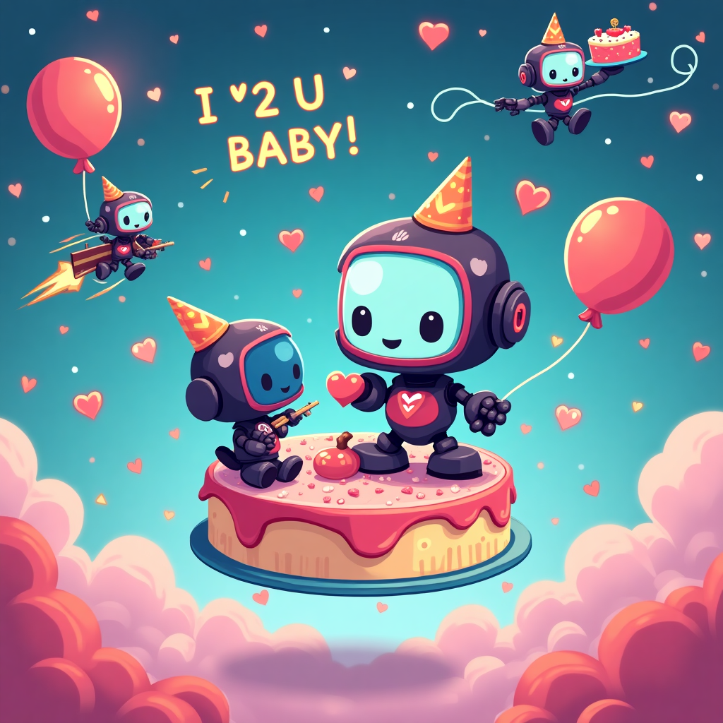 **Prompt for Illustration:**

At the top of the illustration image, include the text:  
**"Happy Respawn Day, Baby — You're Player One in My Heart 💙🎮"**

**Illustration Style:** Fun and quirky cartoon illustration

**Image Description:**  
A whimsical, romantic scene inspired by the Astro Bot world from PlayStation 5. Astro Bot and another custom cute bot (wearing a party hat and holding a heart-shaped balloon) are on a floating cake-shaped platform, drifting through a dreamy digital galaxy of floating confetti, heart emojis, and sparkly pixel stars. The setting is charmingly futuristic but romantic — imagine PlayStation graphics meet cheesy rom-com.

In the background, little Astro bots are clumsily trying to set up a "romantic" birthday surprise — tangled in streamer wires, one flying through the air holding a cake that's clearly about to hit someone, another serenading on a glitchy robot violin. A bot skywrites "I <3 U BABY" with jetpack exhaust. Meanwhile, the main Astro Bot (as the sender) lovingly holds a DualSense controller like it’s a box of chocolates, gazing at “Baby Bot.”

Overall mood: Heartfelt hilarity in a digital love world, packed with visual jokes, playful references to PS5 gameplay, and Astro Bot charm.
Generated with these themes: include images from the playstation 5 game Astro Bot, in a romantic setting for my boyfriend.
Made with ❤️ by AI.