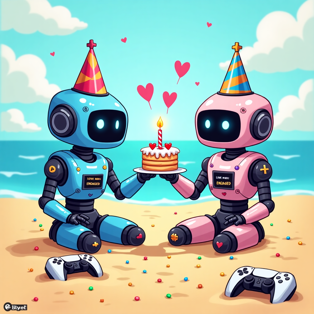 Include images from the playstation 5 game Astro Bot, in a romantic setting for my boyfriend Birthday Card