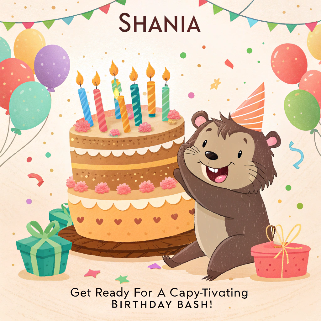 At the top of the image, "Shania":

At the bottom of the image, "Get ready for a capy-tivating birthday bash!" 

- In the center of the image, depict an adorable cartoon capybara joyfully sitting in front of a massive, colorful birthday cake, complete with oversized candles. The capybara has a party hat slightly askew on its head, and it’s eagerly eyeing the cake with an excited grin. The scene is vibrant, with balloons and streamers in the background adding to the festive atmosphere.
Generated with these themes: Capybara, With cake, and .
Made with ❤️ by AI.