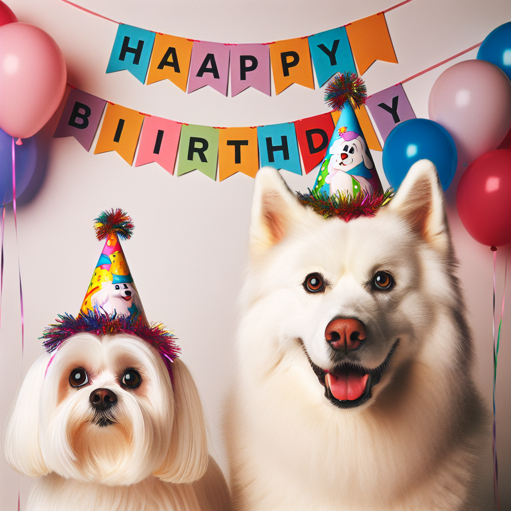 Generate an image of a festive birthday party featuring two charming dogs: a fluffy white Maltese terrier and an imposing white Husky with attention-grabbing brown eyes. They are both wearing colorful party hats, suggesting they are the life of the party. Above them, a 'Happy Birthday' banner extends from one end of the frame to the other, bolstering the joyful mood. The dogs' vibrant hats in contrast to their white fur add an irresistibly whimsical charm to the overall scene.
Generated with these themes: White maltese terrier, White husky brown eyes, and Birthday party with husky and maltese party hats and Happy birthday banner.
Made with ❤️ by AI.