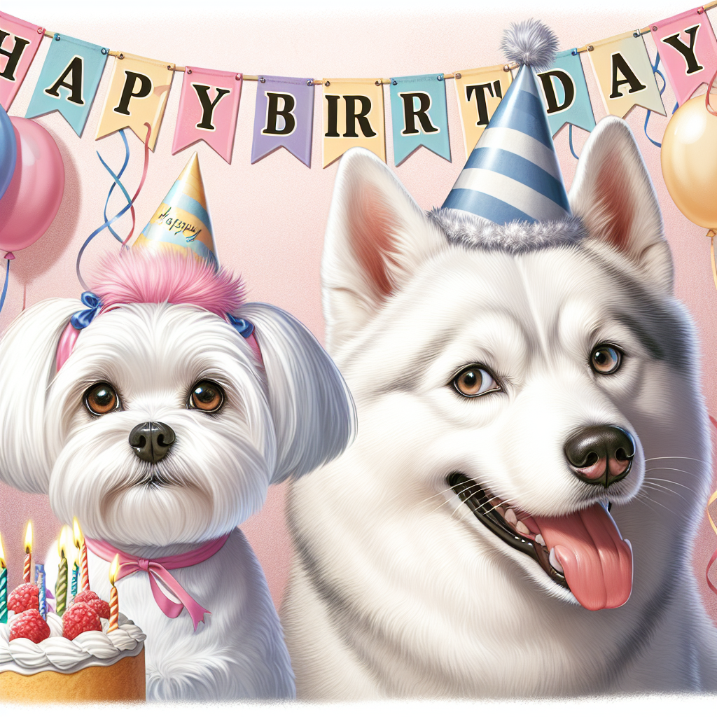 Create an alluring illustration featuring a white Maltese terrier and a white Husky with gentle brown eyes as the main characters. The scene is set in a cheerful birthday setting. The dogs are donning party hats that match their white fluffy coats. They seem to be reveling in their own birthday party, under a 'Happy Birthday' banner carefully hung above them. The banner signifies a joyful day of celebration. The image is supposed to encapsulate the warmth of the occasion, with each element contributing to creating a heartwarming birthday ambiance.
Generated with these themes: White maltese terrier, White husky brown eyes, and Birthday party with husky and maltese party hats and Happy birthday banner.
Made with ❤️ by AI.