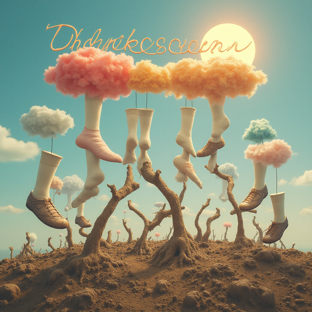 At the top of the Surreal Style image, the text "Dankeschön" should float whimsically in a playful, distorted font.

---

Imagine a dreamlike landscape where clean socks morph into vibrant, cloud-like forms suspended in the sky, casting soft, colorful shadows over the scene. Below, a collection of shoes, both pristine and muddied, sprout exaggerated, tree-like roots that intertwine and stretch across the terrain, resembling a whimsical forest. The shoes are arranged in a peculiar dance, as if they're waltzing to an unheard melody, their laces forming surreal patterns against the ethereal backdrop. An over-the-top sun hangs in the sky, its rays bending and melting around the scene, creating an atmosphere that is both enchanting and slightly irreverent.

In the corner of the image, a small, cheeky caption reads: "For stepping all over my expectations... and surprisingly not getting them dirty!"
Generated with these themes: Socken  sauber und schmutzig, Schuhe sauber und schmutzig, and .
Made with ❤️ by AI.