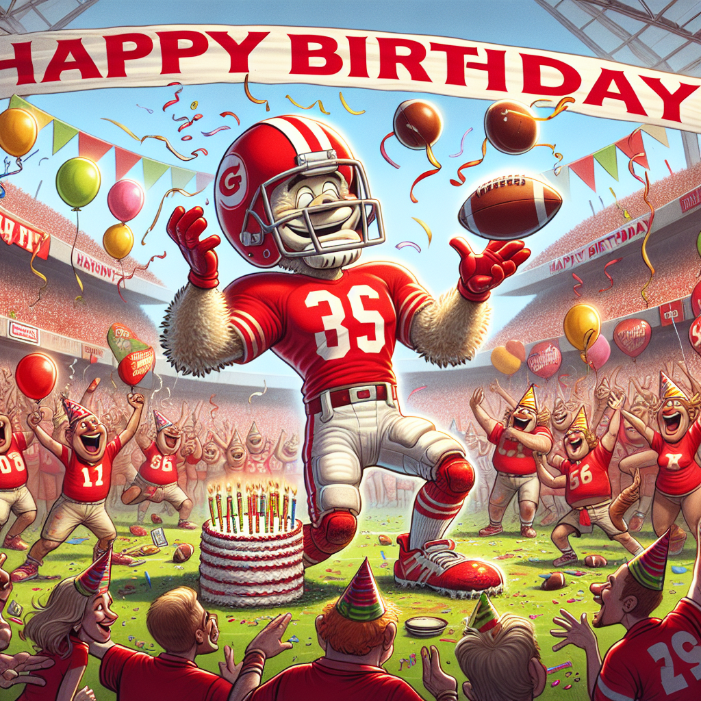 Create a humorous birthday illustration that brings to life a cartoonish scene at a football-themed party. Visualize a towering, jolly mascot, outfitted in a vibrant red uniform, skillfully juggling a football while onlookers burst into laughter at its exaggerated, clumsy moves. The background encompasses an exuberant stadium brimming with eager fans clutching banners that bear playful, mildly cheeky birthday messages. The festive atmosphere is amplified by the presence of streamers and party hats, colored in the team's signature red and white hues. This image encapsulates the unique merriment of the celebration.
Generated with these themes: Funny, LFC, and Rude.
Made with ❤️ by AI.