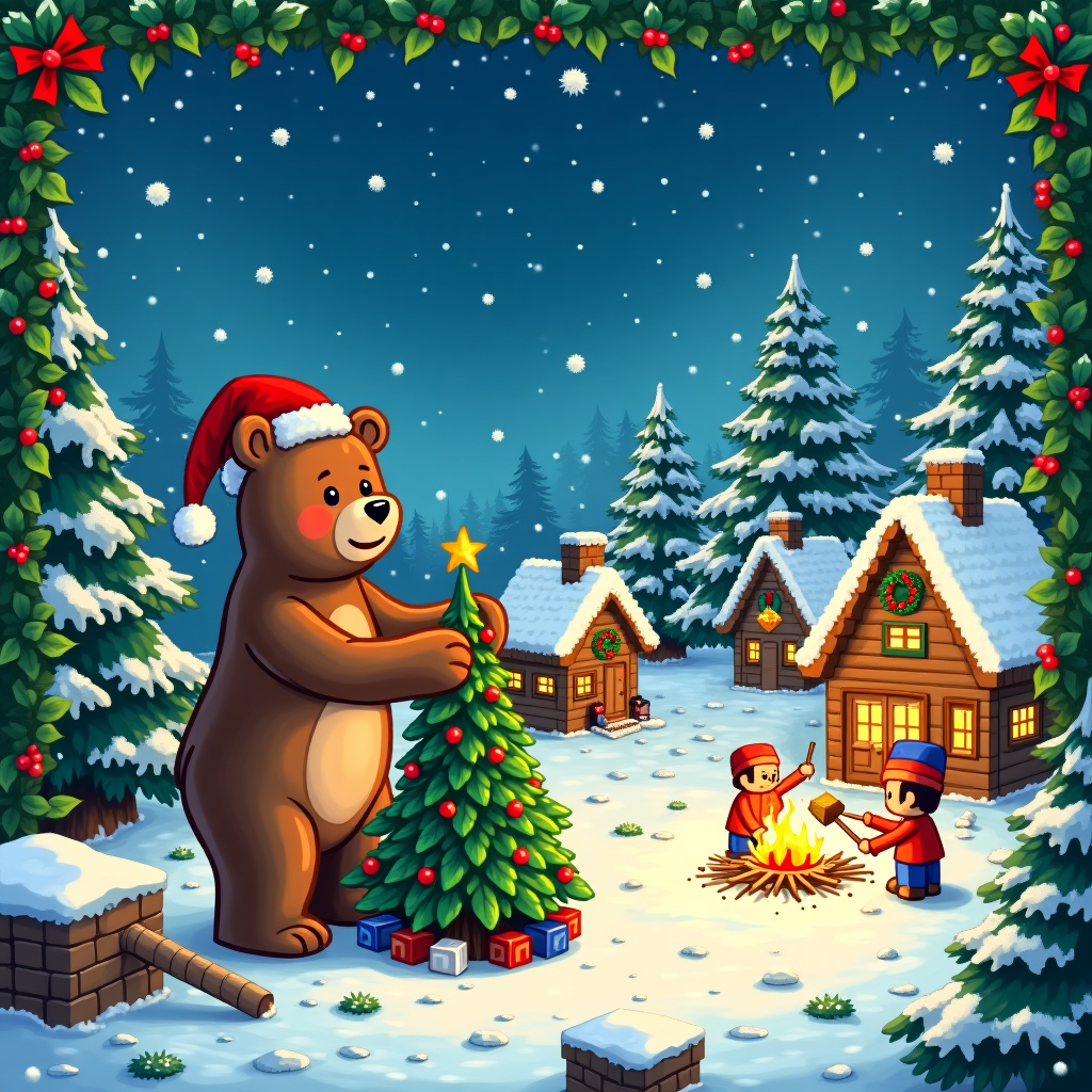 In this whimsical Christmas card illustration, imagine a delightful wintery scene where the familiar pixelated world of Minecraft seamlessly blends with the enchanting realism of a Norman Rockwell Christmas. A cheerful brown bear, depicted with the intricate linework reminiscent of Aubrey Beardsley, stands at the center, wearing a festive Santa hat. The bear, with its soft, plush-like texture, is constructing a Minecraft-style Christmas tree, complete with cubic ornaments and blocky tinsel. In the background, a quaint, snow-laden village constructed entirely from Minecraft blocks sprawls across the scene, with pixel-perfect houses adorned with classic Christmas wreaths and glowing with candlelight visible through tiny square windows. Snowflakes, drawn in the delicate style of Arthur Rackham, gently fall, adding a magical touch. To the side, a small group of Minecraft villagers, rendered with a Maurice Sendak-inspired charm, gather around a glowing campfire, roasting marshmallows on blocky skewers. The entire scene is framed with a lush border of holly and ivy, reminiscent of Beatrix Potter's gentle naturalism, and above, the sky transitions from the digital pixel art to a sweeping, star-filled expanse, echoing Maxfield Parrish's love for vibrant colors and ethereal landscapes. This card is a playful fusion of the digital and the traditional, inviting recipients into a world where imagination knows no bounds.
Generated with these themes: minecraft, brown bear.
Made with ❤️ by AI.