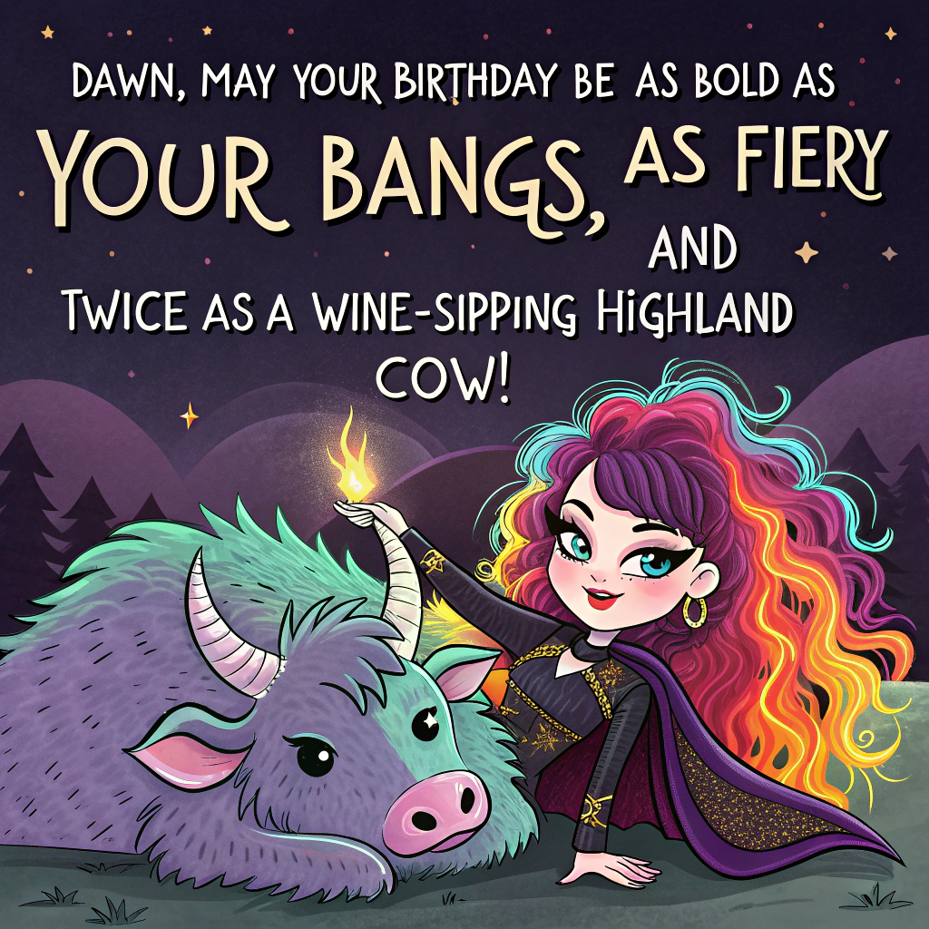 At the top of the image, "Dawn, may your birthday be as bold as your bangs, as fiery as your dragons, and twice as moo-dy as a wine-sipping Highland cow!"

- In the center of the illustration, show a gothic girl with neon streaks in her wild, voluminous hair, lounging dramatically atop a sleepy dragon whose scales shimmer with iridescent hues.  
- She’s clinking a wine glass with a fabulous, shaggy Highland cow who’s wearing dark lipstick, false lashes, and a velvet cape.  
- One of the dragon's wings is wrapped around a party banner that reads "Vintage & Dangerous."  
- Balloons shaped like tiny skulls and fireballs float around them, while a cake made of stacked spellbooks and burning candles flickers beside them.  
- The mood is chaotic birthday glam, like Maleficent threw a wine tasting in a barn.
Generated with these themes: Gothic girl with colourful hair, Dragons, Highland cow, and Wine.
Made with ❤️ by AI.
