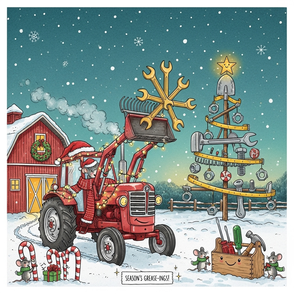 Hand-drawn illustration with fine linework and textured brush strokes on subtle paper grain: a cozy snowy farmyard at twilight. Center focus: a cute vintage red tractor with headlight eyes and a smiling grille, wearing a tiny Santa hat and a knitted scarf, wrapped in warm twinkle lights. The tractor’s front loader gently lifts a star made of five golden wrenches to top a whimsical Christmas tree built from tractor tools: tiers formed by a rake, shovel, and hoe; ornaments made of shiny nuts and bolts; a yellow measuring tape as the garland. Candy-cane striped tire tracks curl through the snow; soft steam puffs from the exhaust. Left background: a red barn glowing from within, its wreath crafted from gears, snow piled on the roof. Right foreground: a wooden toolbox like a little sleigh, with friendly-faced screwdrivers and a hammer peeking out; tiny field mice in scarves carry bolts like presents. Snowflakes drift across a teal-blue dusk sky, with warm golden highlights and soft shadows for depth. Balanced composition, cute and whimsical mood, warm expressive palette of deep reds, forest greens, cozy golds, and icy blues. Small, hand-lettered caption near the bottom, unobtrusive: "Season's Grease-ings!" with tiny sparkles. Avoid photorealism; painterly, ink-and-watercolor feel.
Generated with these themes: Tractor tools, and .
Made with ❤️ by AI.