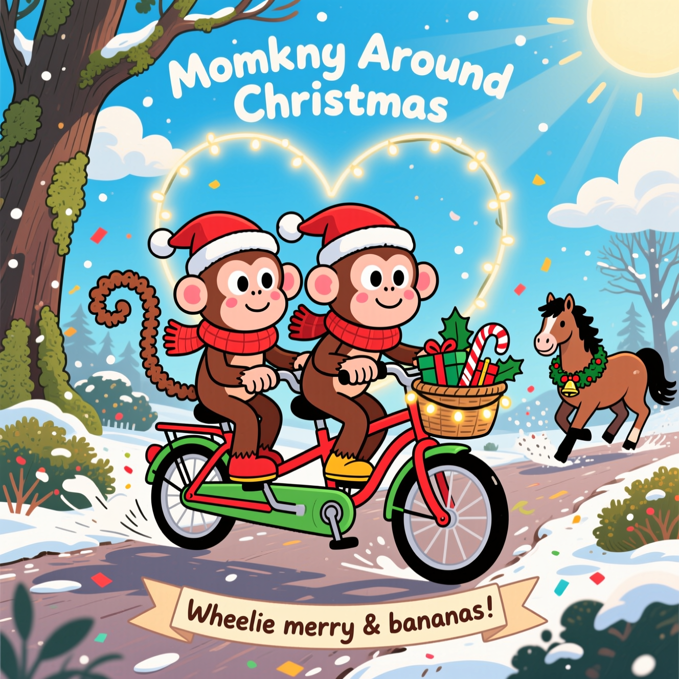 Two cute monkeys , Cycling , Heart , New Forest , Ponies , Blue sky , and Christmas Card