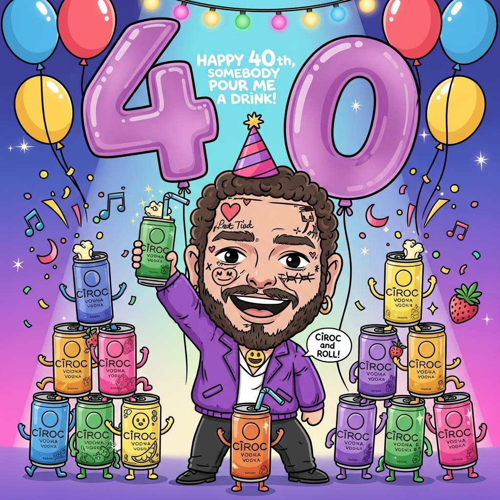 At the top of the Cartoon Style image, Happy 40th, somebody pour me a drink!

- Cute, playful cartoon scene with thick black outlines, bright saturated colors, and exaggerated proportions.
- Center: a chibi-style Post Malone caricature with a big friendly grin, oversized head, tiny body, simplified signature face-tat doodles (hearts, smiley, barbed wire motifs—non-legible), and an electric-purple party jacket. He’s striking a whimsical, energetic pose, one arm raised high holding a sparkling Ciroc vodka can with a curly straw.
- Around him: a pyramid of colorful Ciroc vodka cans in fun fruit flavors, each can brought to life with adorable eyes, tiny arms and legs, and glossy highlights—dancing, clinking, and cheering.
- Behind: giant metallic balloon numbers “4” and “0” floating like a shiny backdrop, with music notes, confetti, and streamers bursting around them.
- Add a tiny speech bubble from one happy can with a single short cheeky line: “Ciroc and roll!”
- Background: vibrant neon gradient (electric blue to candy pink to violet) with sparkles and a soft spotlight halo; festive party lights and glittery confetti falling.
- Style notes: bold sticker-like outlines, kawaii features, soft cel shading, glossy highlights, and big expressive shapes; keep everything cute, celebratory, and energetic.
- Composition: full-bleed, portrait orientation, large central character with lively can-crew clustered around, balloons framing the top; ensure the headline text is punchy, bubbly, and easy to read.
Generated with these themes: Post maolne, Ciroc vodka cans, and .
Made with ❤️ by AI.