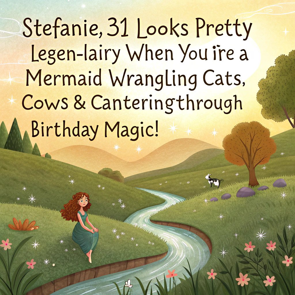At the top of the image, "Stefanie, 31 looks pretty legen-dairy when you’re a mermaid wrangling cats, cows & cantering through birthday magic!"

- Create a realistic, whimsical countryside photograph scene in warm golden-hour lighting.
- In the center, a sparkling river winds through a green meadow surrounded by rolling hills.
- Stefanie, as a little mermaid with flowing auburn hair, perches playfully on a mossy riverbank, her shimmering tail partly in the water.
- Around her are fluffy, mischievous cats climbing over driftwood and playfully batting at bubbles in the air.
- A fuzzy Highland cow with an adorable party hat munches flowers beside her, and a majestic horse with braided mane nuzzles Stefanie gently.
- A giant birthday cake (with “31” in candle numbers) rests in a flower-dappled field in the background, partially licked by one of the cats.
- A string of fairy lights twinkles above, stretched between two small trees.

- Make the atmosphere sweet, slightly cheeky, magical and cute, as though nature itself came to Stefanie’s party.
Generated with these themes: Little mermaid, Horses, Highland cow, Countryside, Cats, and 31.
Made with ❤️ by AI.