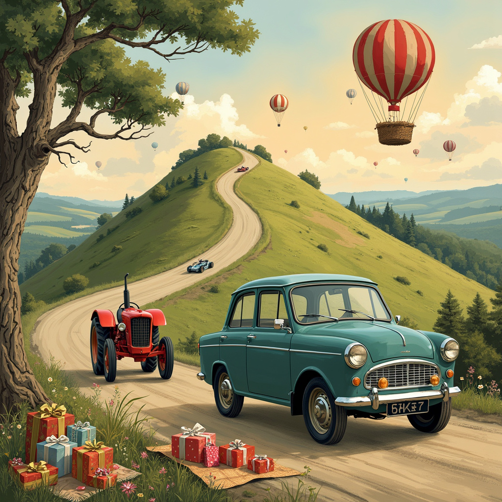 Tractors , Hillman imp cars, and Formula one racing Birthday Card