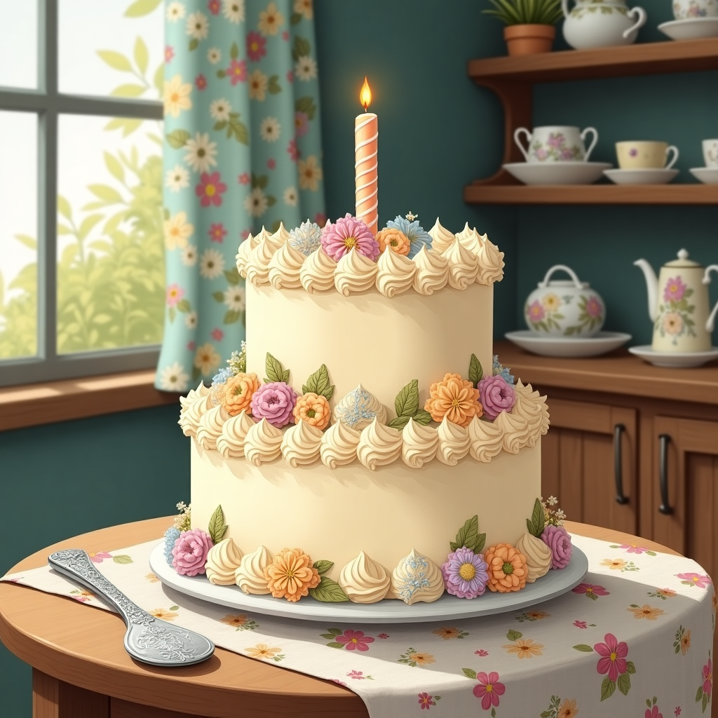 **Card Front Illustration Concept:**

**Central Scene:**  
At the heart of this birthday card, visualize a beautifully simple yet elegant cake set atop a quaint, round wooden table. The cake itself is a classic two-tier design, perfectly symmetrical and iced in a smooth, creamy vanilla hue. Intricately piped swirls of pastel pink, yellow, and blue icing adorn the edges, reminiscent of Beatrix Potter's delicate touches. A single, slender, striped candle stands at the top, its wick waiting to be lit.

**Cake Details:**  
Each tier of the cake features subtle embossing of vine-like patterns, a nod to the ornamental flair of Aubrey Beardsley. Around the base of the bottom tier, small sugar flowers in lavender and peach, echoing Edward Gorey's meticulous detailing, are sprinkled, providing a contrast to the smooth icing.

**Background Elements:**  
Surrounding the cake, the background is a rustic kitchen scene, a tribute to the cozy charm of Norman Rockwell. To the left, an open window lets in the soft, dappled light of late afternoon, casting gentle shadows across the room. A flowery curtain, patterned with quaint daisies and sunflowers, flutters slightly in the breeze. 

**Additional Details:**  
On the table, beside the cake, a simple china plate holds a silver cake server, with a handle subtly engraved with whimsical motifs that might be inspired by Arthur Rackham's fanciful imagination. In the background, wooden shelves display neat rows of vintage teacups and saucers, each adorned with tiny hand-painted scenes that could have come from a Quentin Blake illustration.

**Color Palette:**  
The overall color scheme is a harmonious blend of soft pastels and warm earth tones. The wooden table and shelves are rich mahogany, adding depth and warmth, while the cake and surrounding elements offer a light, airy contrast, creating an inviting and celebratory scene.

**Additional Notes for Detail:**  
The card design should include playful yet intricate patterns reminiscent of Gustave Doré's engravings on the tablecloth, hinting at a story waiting to unfold, capturing a moment frozen in time just before the birthday celebration begins. This setting encapsulates a blend of whimsy and tradition, leaving the viewer eager to join the celebration.
Generated with these themes: Simple cake picture without animals.
Made with ❤️ by AI.