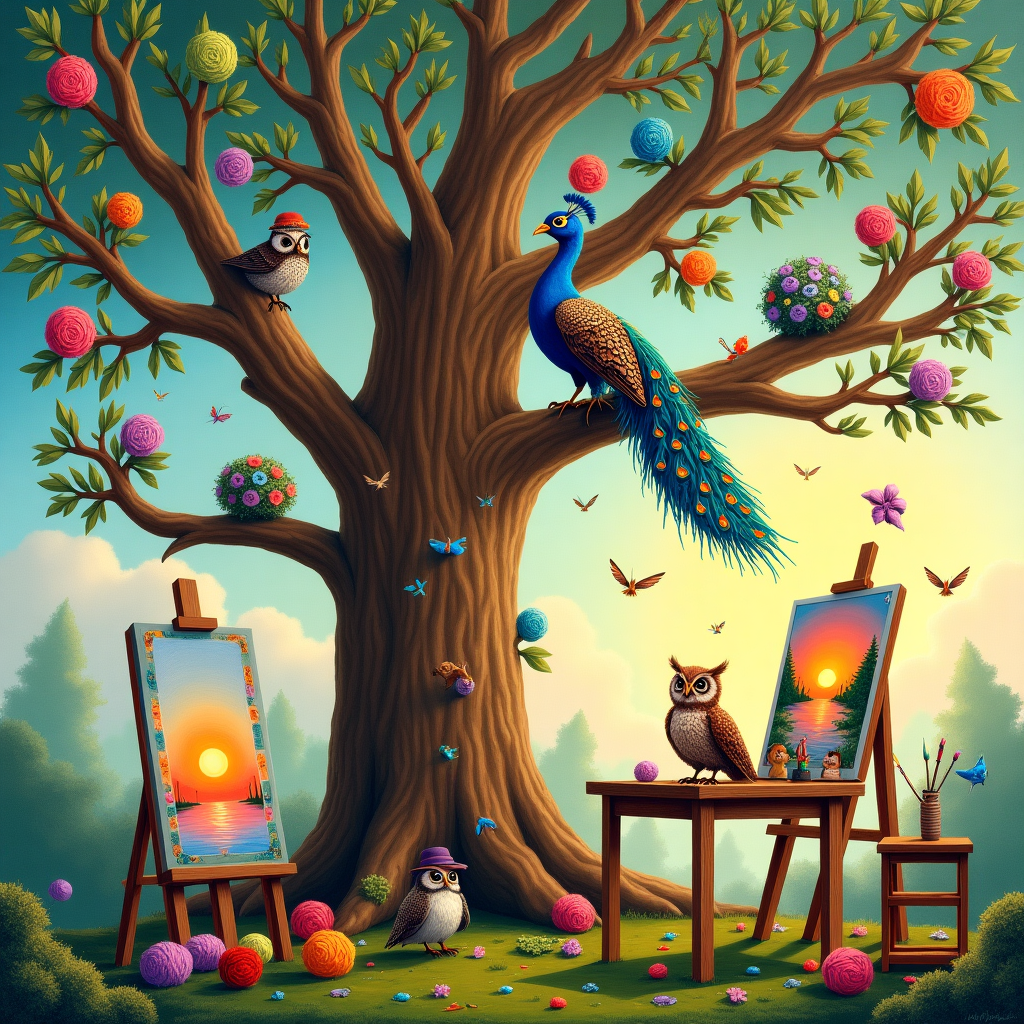 On the cover of this surreal birthday card, an enchanting woodland studio unfolds where creativity and whimsy dance together. At the center of the scene, a grand oak tree acts as both a canvas and a habitat. Its sprawling branches reach out like gentle arms, each adorned with a multitude of vibrant, oversized yarn balls and paintbrushes of all sizes that sprout like leaves. Birds of various species, their feathers dipped in an artist's palette of vivid hues, flit about, each carrying tiny skeins of yarn or delicate paintbrushes in their beaks. 

Perched on a sturdy branch, a majestic peacock, resplendent with a tail made entirely of intricately crocheted lace feathers, surveys the scene with regal poise. Beside it, a wise old owl dons a tiny beret, paintbrush in one claw, while its other claw clutches a mini easel with a half-finished watercolor painting of the woodland studio itself.

Below, at the tree's roots, a quaint wooden table is laden with a feast of artistic tools—paint tubes squeezed and swirled into decorative patterns, spools of yarn stacked like an architect's dream, and knitting needles that seem to have been planted, now sprouting into delicate crochet flowers. Scattered across the mossy forest floor are canvases painted with scenes of the woodland's avian residents engaged in playful acts of artistry, each with their own unique flair.

In the background, a tapestry woven into the sky with vibrant threads depicts a sun setting in radiant hues, casting a magical glow over this haven of creativity. A gentle breeze appears to animate this tapestry, making the scene above almost ripple with life. In this birthday celebration of art and nature, everything is connected, a wondrous ecosystem of imagination and creation, inviting the beholder to step into a world where art and nature are one.
Generated with these themes: art and knitting and crochet and painting and birds.
Made with ❤️ by AI.