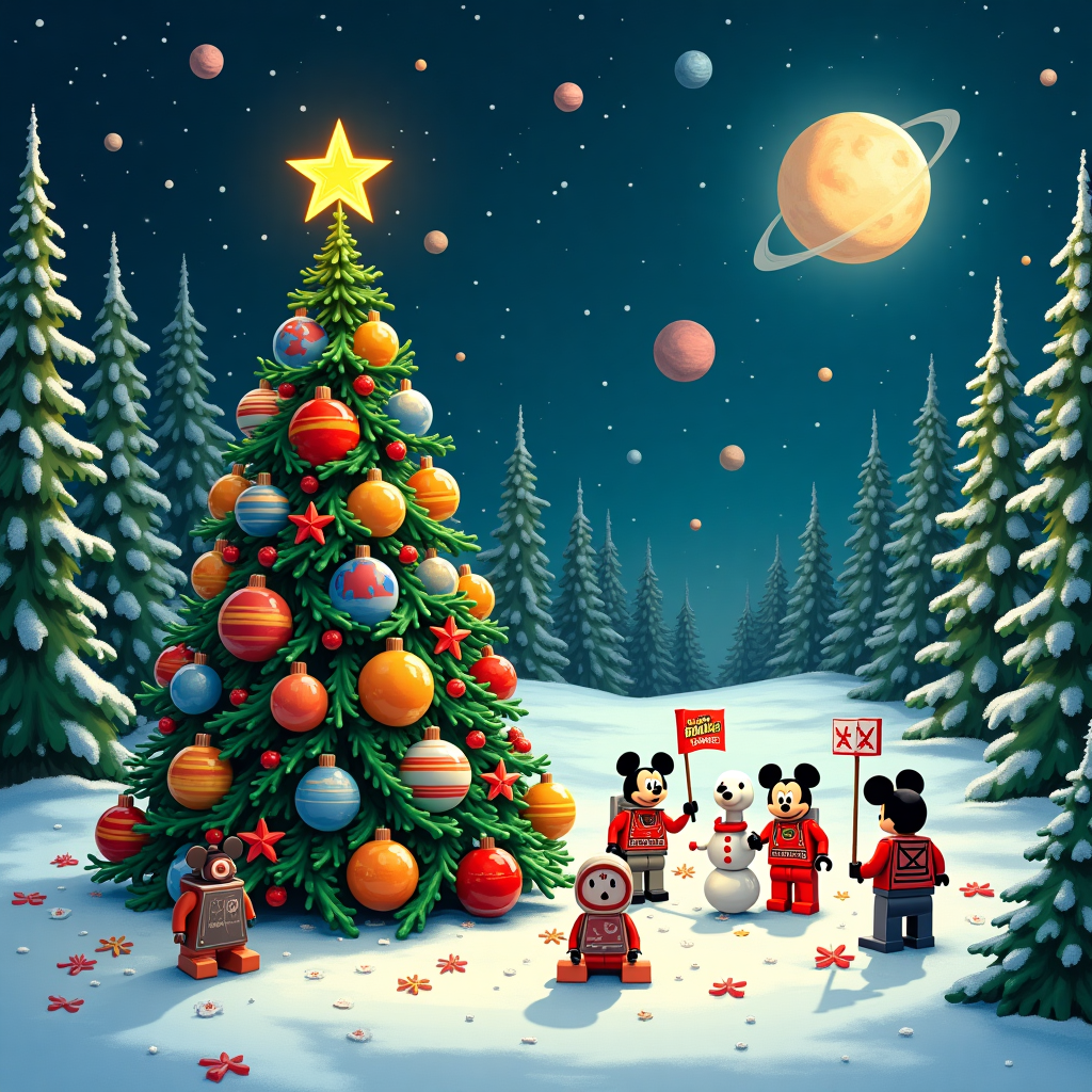 In a whimsical forest blanketed by a soft layer of snow, an unusual holiday gathering is taking place. In the center of this winter wonderland stands a towering Christmas tree made entirely of Lego bricks, each piece a vibrant color, some glinting with metallic sheen. The tree is adorned with miniature Lego astronauts, each holding tiny festive flags featuring planets from our solar system. At the foot of the tree, Astro Boy, rendered in classic manga style, is enthusiastically assembling a Lego rocket ship. Nearby, in a clearing bathed in the gentle glow of a planet-shaped moon, Disney characters like Mickey Mouse and Donald Duck are dressed as astronauts, their suits comically oversized and puffy. They're playfully building a snowman that resembles a famous Disney castle, complete with spires made from twigs and decorated with glittering stars. Above, an imaginary space landscape stretches across the sky, populated with vividly colored planets that mimic those found in a child's dream. Floating among the planets is Snoopy, donned in his famous WWI Flying Ace attire, now modified into a space suit, as he joyously pilots a Lego spaceship shaped like his doghouse. In the background, a dense forest reminiscent of the rich illustrations of Calvin and Hobbes envelops the scene, with tall, snow-dusted pines that occasionally animate with life, as if part of a classic Disney animation. The card's front, rich with eclectic characters and imaginative detail, merges space, forest, Lego, and beloved icons into a merry holiday mosaic.
Generated with these themes: Forest, Space, Lego, Planets, Disney, and Astronaut.
Made with ❤️ by AI.