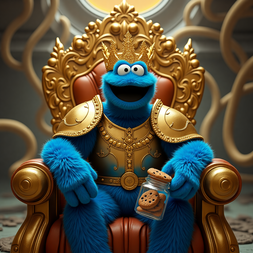 I want the cookie monster? wearing the golden armour of the warhammer God Emperor of Mankind. He sits atop the mighty golden throne. the image is from a slight worms eye view. in the background , thousands of cables hang and snake into the back of the throne. The.cooking monster looks content.  he is wearing a wreath of golden olive leave crown. one of his hands is unarmoured and is reaching into a cookie jar that is built into the arm of the throne Birthday Card