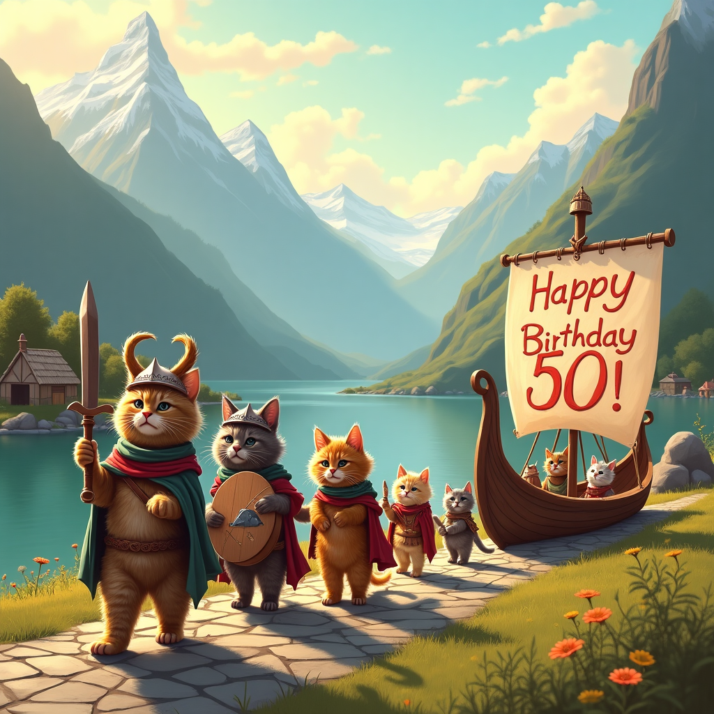 In this whimsically epic birthday card scene, imagine a sunlit Viking village perched on a tranquil fjord, with picturesque thatched huts dotting the landscape. Towering mountains loom in the background, their peaks brushed with snow and a few wispy clouds that subtly form the number "50" in their curves. In the foreground, a joyous parade of Viking cats marches proudly along a cobblestone path, each clad in miniature Viking helmets complete with tiny horns and cloaks fluttering in the gentle breeze. The leader, a regal tabby, brandishes a wooden sword, its hilt wrapped in twine, while a fluffy ginger cat carries a shield adorned with a painted fish motif. Behind them, an enthusiastic gray cat pounds a small drum, adding a rhythmic beat to their merry march. On the side, a group of kittens is gathered around a splendidly crafted longboat-shaped cake, its sail unfurled to display a vibrant "Happy Birthday 50!" written in icing. The sky is painted in pastel hues of early evening, with a warm golden glow that accentuates the soft, intricate details of the cats' fur and their decorative attire. This charming tableau captures the essence of a whimsical Viking cat celebration, where history and imagination come together in harmony for a delightful birthday greeting.
Generated with these themes: Cats, and Vikings .
Made with ❤️ by AI.