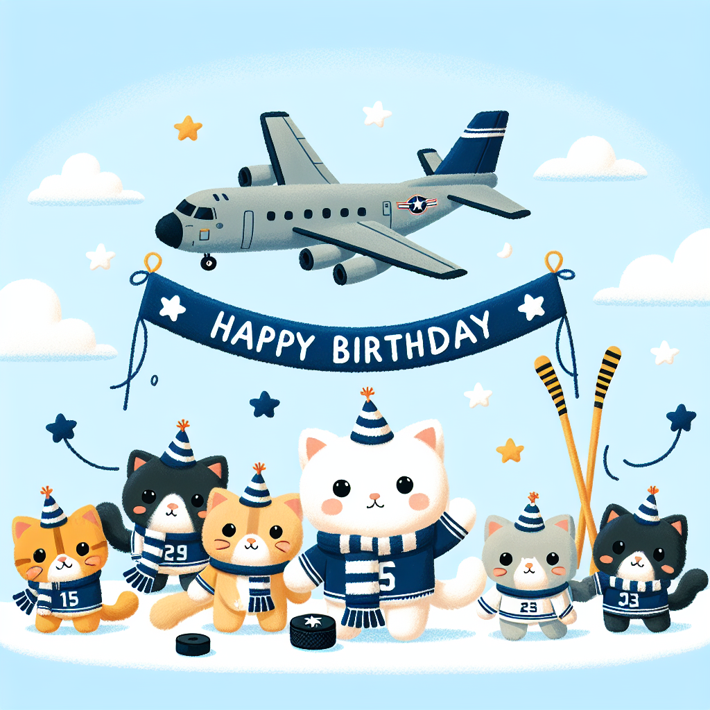 Illustrate a heartwarming birthday party scene, the guests of honor being adorable, playful felines, each wearing a miniature scarf in navy blue and white, reminiscent of a football team. There are a hockey puck and sticks scattered near them, hinting at sports-themed festivities. Above them, a surveillance aircraft represented as a Shadow R1 soars across the cloudless azure sky behind a stretched 'Happy Birthday' banner.
Generated with these themes: Cats, Tottenham hodspur , Hockey, and Shadow R1 aircraft.
Made with ❤️ by AI.