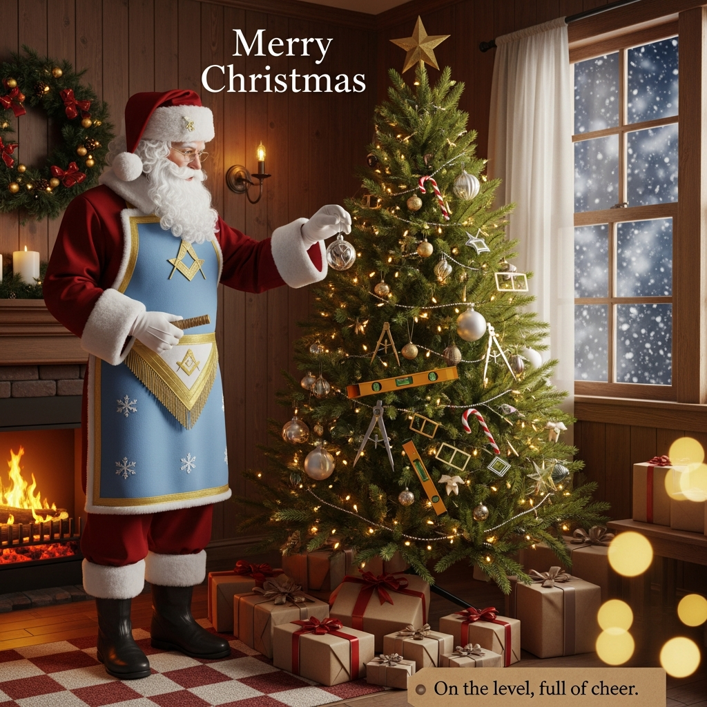 At the top of the Photorealistic picture taken from a camera image, Merry Christmas

4K UHD photorealistic indoor Christmas scene, cute mood: a jolly Freemason Santa in tasteful regalia (sky-blue apron with subtle snowflake embroidery, white gloves, square-and-compasses lapel pin) stands beside a lush, twinkling Christmas tree, gently placing an ornament; classic glass baubles plus whimsical Masonic touches (tiny golden squares and compasses, miniature level, candy-cane trowels). Cozy wood-paneled room with fireplace glow, wrapped gifts, a frosted window with soft snowfall; subtle checkered rug; warm fairy lights creating creamy bokeh. Composition leaves generous negative space across the upper third for the title; Santa and tree framed center-right. Lifelike textures—velvet suit, fur trim, pine needles, wood grain—accurate warm lighting with a gentle rim light; rich depth of field. Shot on a full-frame DSLR, 50mm prime, f/1.8, ISO 200, 1/125s, eye-level. Small in-scene caption on a kraft gift tag near the bottom: “On the level, full of cheer!” True-to-life color, crisp, clean, high dynamic range.
Generated with these themes: .
Made with ❤️ by AI.
