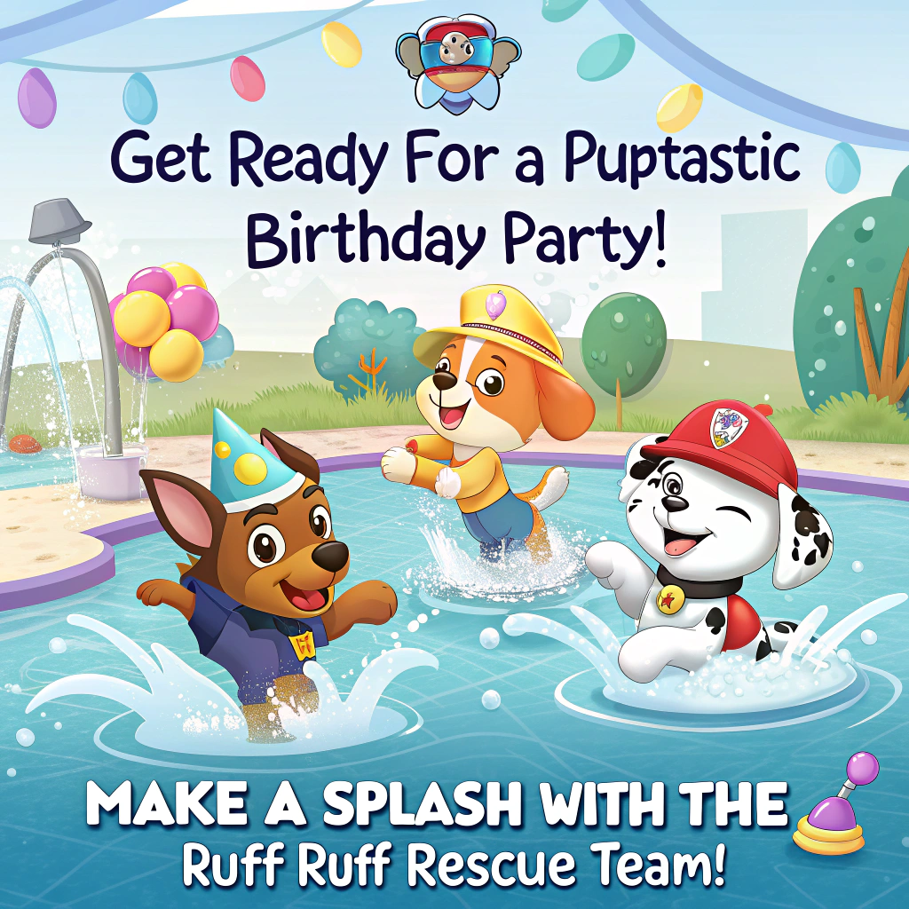 Paw Patrol theme splashpad birthday party, and Birthday Card