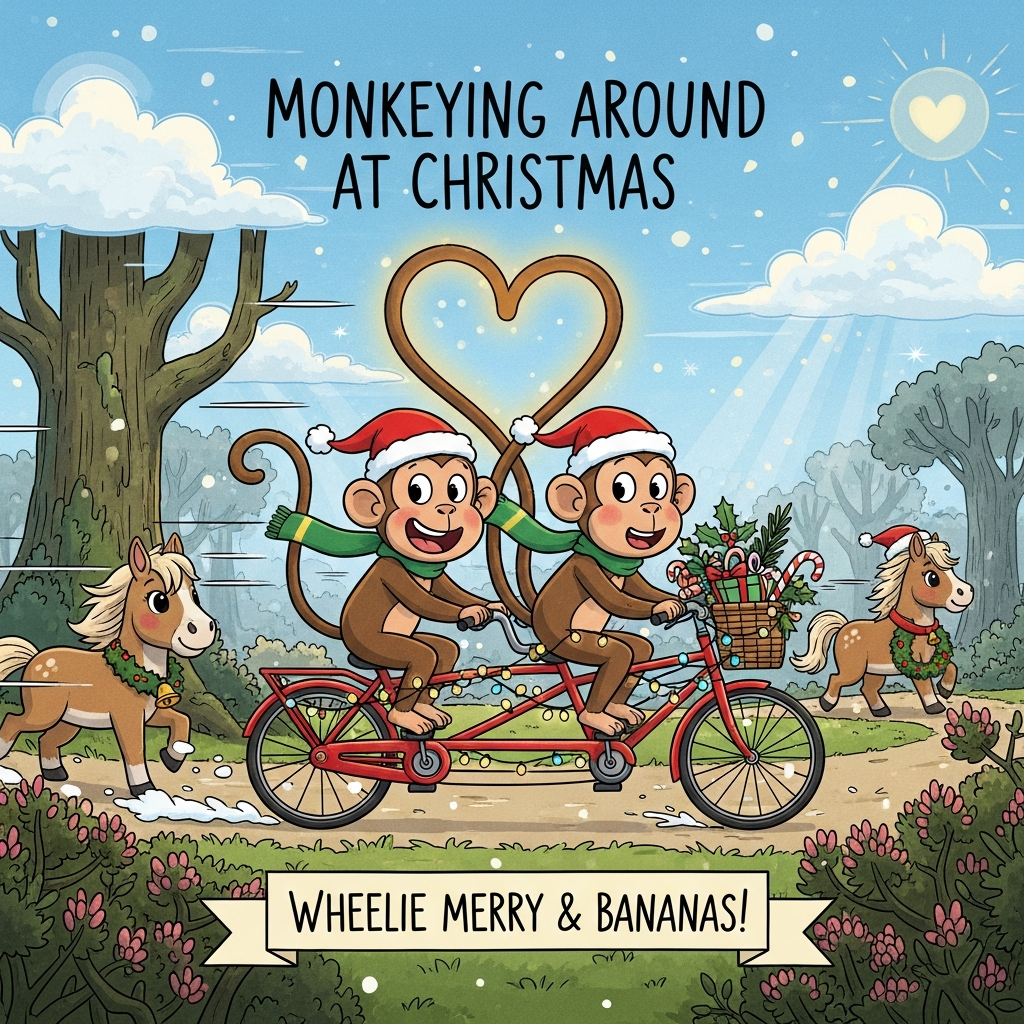 At the top of the Cartoon Style image, Monkeying Around at Christmas

Two adorable, wide-eyed cartoon monkeys with exaggerated heads and rosy cheeks zoom along on a bright red-and-green tandem bicycle, wearing Santa hats and cozy scarves. Their curly tails arc together behind them to form a big glowing heart shape. The bike basket overflows with holly, candy canes, and tiny wrapped gifts; twinkly fairy lights wrap the frame. They cycle through the New Forest: ancient mossy oaks, winter heath and gorse, dappled woodland glades. Friendly New Forest ponies trot nearby with cute, curious faces—one with a jingle-bell collar, another with a wreath garland—kicking up a sprinkle of snow. A crisp blue sky overhead with soft, fluffy clouds (one subtly heart-shaped), glittering sunbeams, and gentle snow flurries. Playful, energetic poses; thick black outlines; bright, saturated colors; cute mood; simple cel shading with soft glow highlights; dynamic motion swooshes and confetti-like snow for movement. Composition centers on the tandem, with a winding path leading the eye and ample sky space for the title.

Small extra text: at the bottom center on a ribbon banner, one cheeky line, hand-lettered: Wheelie merry & bananas!
Generated with these themes: Two cute monkeys , Cycling , Heart , New Forest , Ponies , Blue sky , and .
Made with ❤️ by AI.