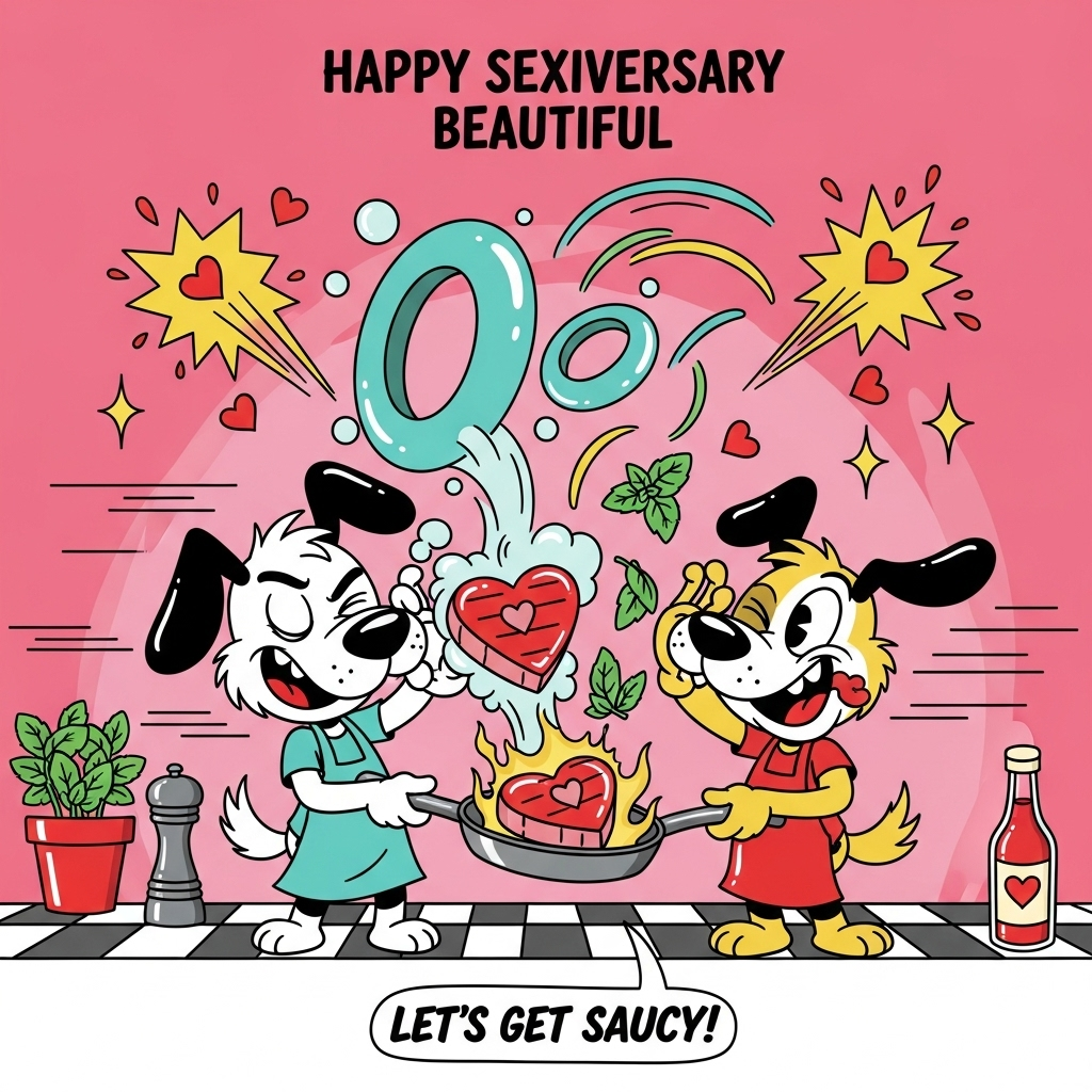 At the top of the Cartoon Style image, Happy sexiversary beautiful

A big, bold, playful Cartoon Style scene in a neon-bright retro kitchen: two cheeky cartoon dogs with exaggerated proportions and thick black outlines are cooking together. One flips a heart-shaped steak in a sizzling skillet; the other sprinkles fresh basil that swirls through the air like confetti. Steamy vapor rises from the pan as giant bubbly O-shaped rings and starburst pops with tiny hearts, hinting at an explosive, ecstatic flavor moment. Their poses are energetic and flirty—winks, wagging tails, goofy grins—rude, cheeky vibe without explicit content. Speed lines and sparkles add motion and punch. Palette: bubblegum pinks, electric teals, hot reds, and sunny yellows; glossy highlights, chunky shadows, clean vector finish. Background details: checkerboard floor, potted basil, pepper mill, and a heart-icon sauce bottle. Keep the composition image-first, with the characters large and central.

At the bottom, a small hand-lettered caption in a punchy bubble: Let’s get saucy.
Generated with these themes: Doggie style sex, basil, steak, orgasm, and .
Made with ❤️ by AI.