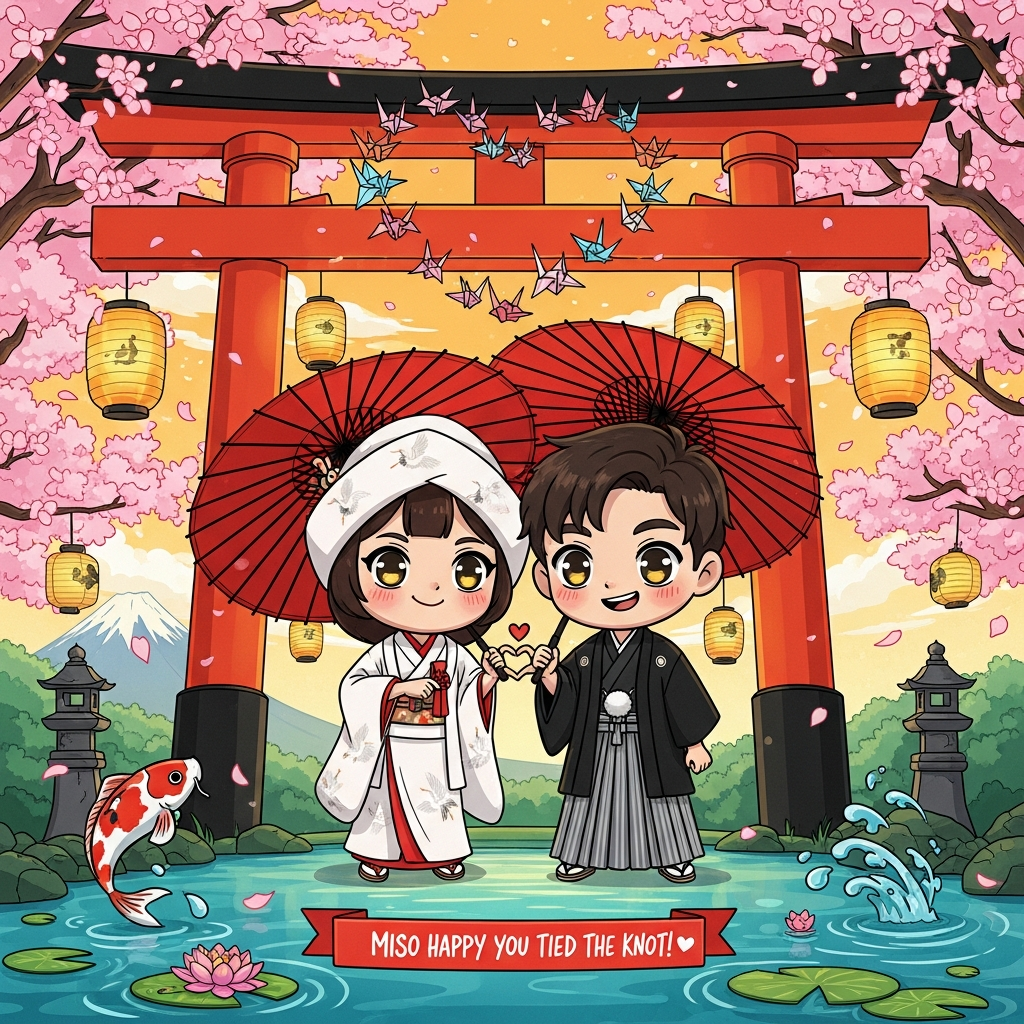 Romantic, playful cartoon scene in Japan: two newlyweds with chibi proportions stand beneath a vermilion torii gate in a shower of cherry blossoms. One partner wears a white shiromuku kimono with red lining and subtle crane patterns, the other a black montsuki haori with striped hakama; both have big sparkling eyes, rosy cheeks, and exaggerated, energetic poses. They share a bright red wagasa umbrella and make a tiny heart with their hands. Lanterns dangle from sakura branches, origami cranes swirl into a heart above them, a koi leaps from a teal pond with lily pads in the foreground, and soft pastel Mt. Fuji glows in the distance. Golden-hour light with heart-shaped bokeh; saturated palette (sakura pinks, vermilion, gold, teal, indigo). Style: playful cartoon, thick outlines, bold cel shading, whimsical details, lively motion. Composition: centered couple framed by the torii and lanterns, low-angle hero shot, gentle depth of field. Small caption (one short line) on a slim red ribbon at the bottom in hand-brushed ink lettering, white text with a tiny heart accent: “Miso happy you tied the knot!”
Generated with these themes: Japan, and .
Made with ❤️ by AI.