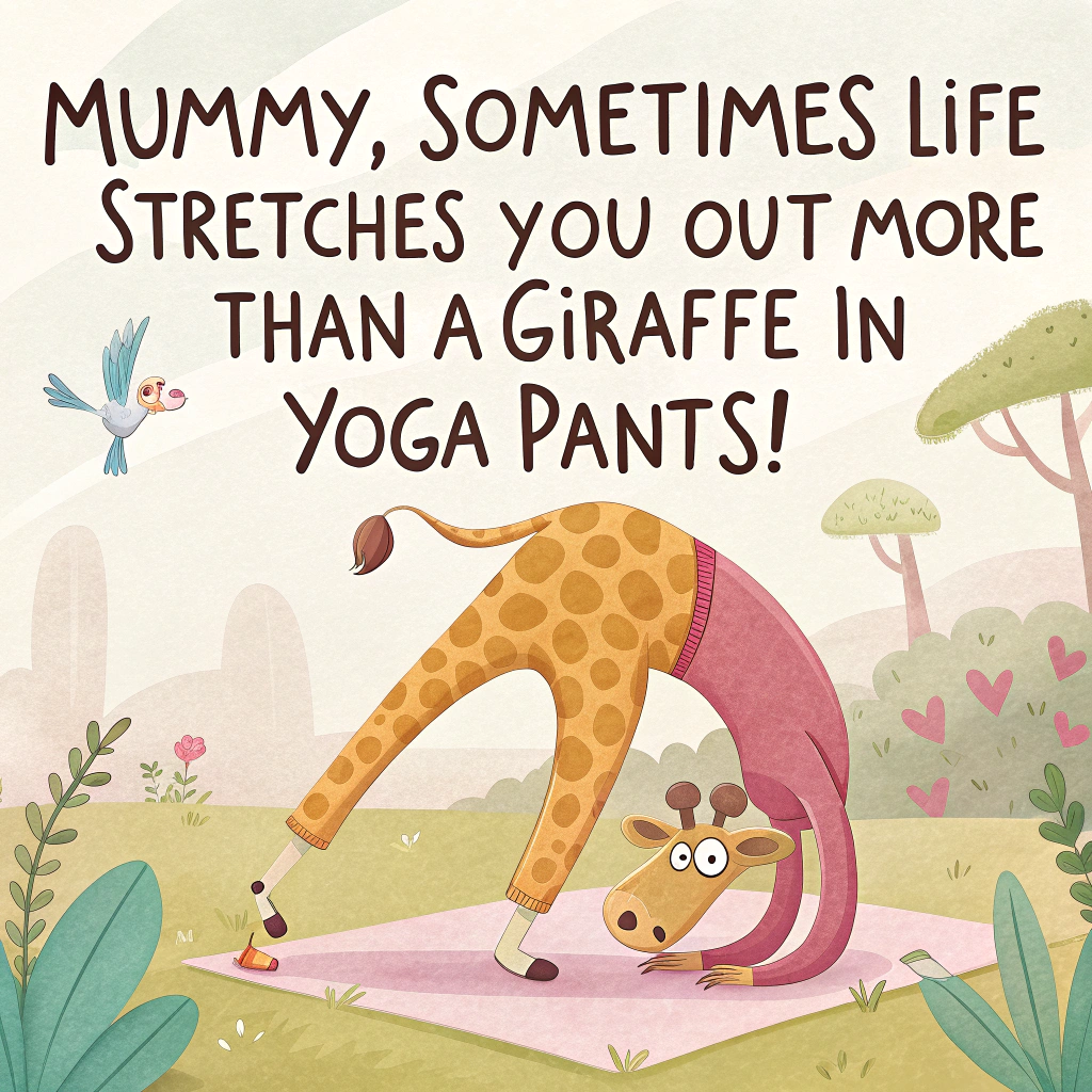 At the top of the image, "Mummy, sometimes life stretches you out more than a giraffe in yoga pants!"

- Illustrate a cartoon giraffe in an exaggerated yoga pose—perhaps tangled in a downward dog with its long legs and neck hilariously bent around itself.
- The giraffe is wearing pink yoga pants that are clearly way too small and are hilariously stretched to the max.
- Around it, a few birds or jungle critters look on in concerned confusion.
- The giraffe has a slightly overwhelmed but lovable expression, tongue out and eyes crossed as if trying to find inner peace.
- Use a soft jungle or savannah background to ground the scene with bright, warm cartoon colors.
Generated with these themes: Giraffes.
Made with ❤️ by AI.